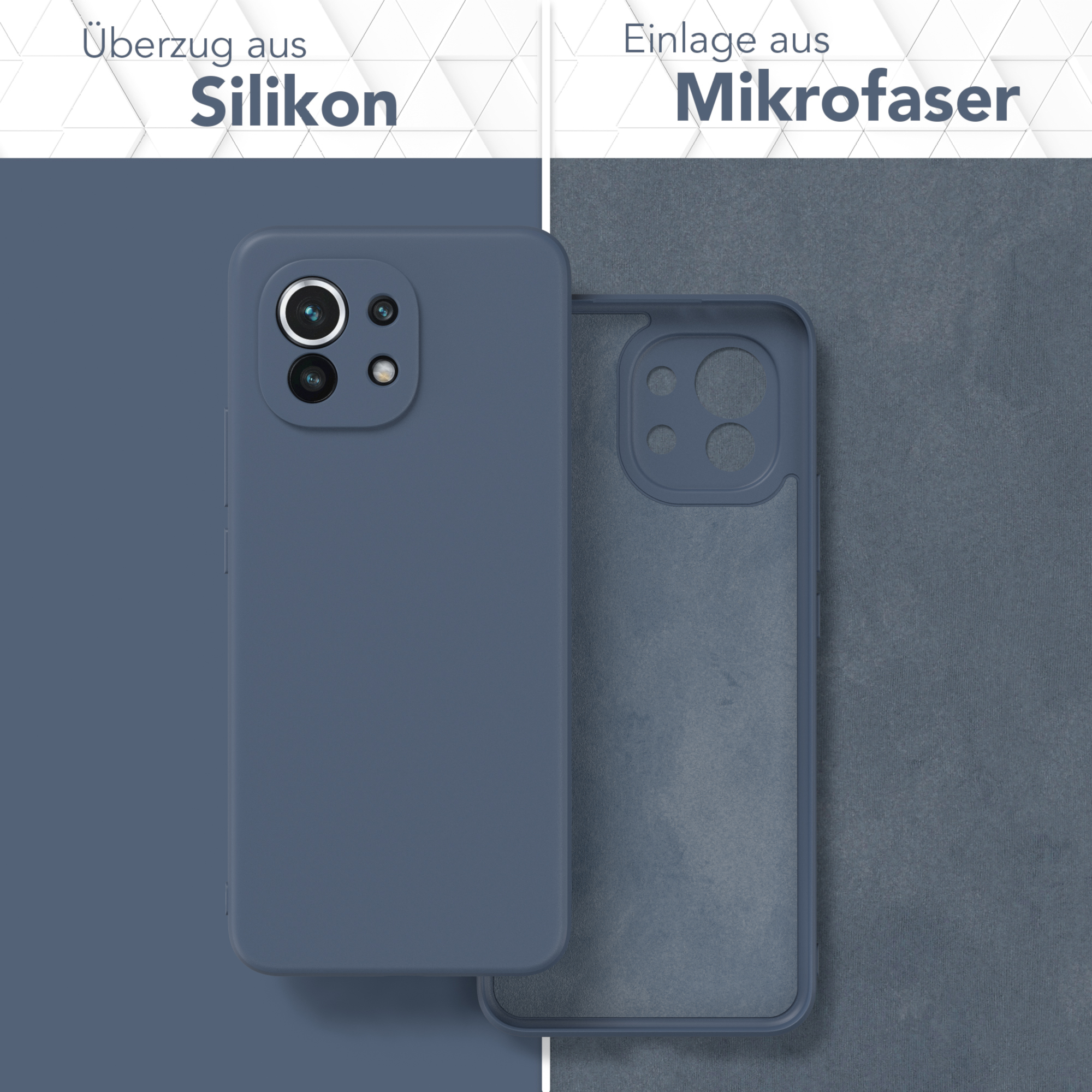 Eine blaue Handyhülle und ihr Inneres, die eine Mikrofaser-Schicht zeigt.