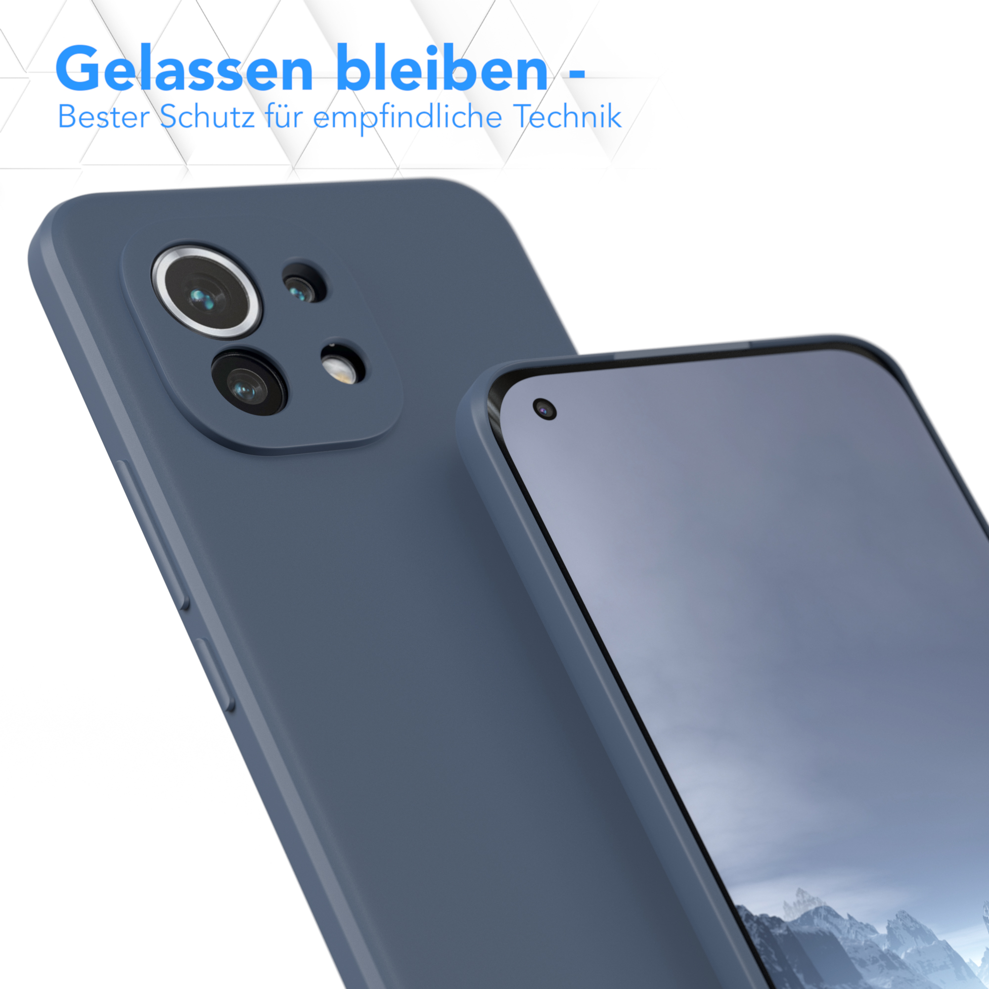 Blaue Handyhülle mit Telefon, Text: Gelassen bleiben - Bester Schutz für empfindliche Technik.