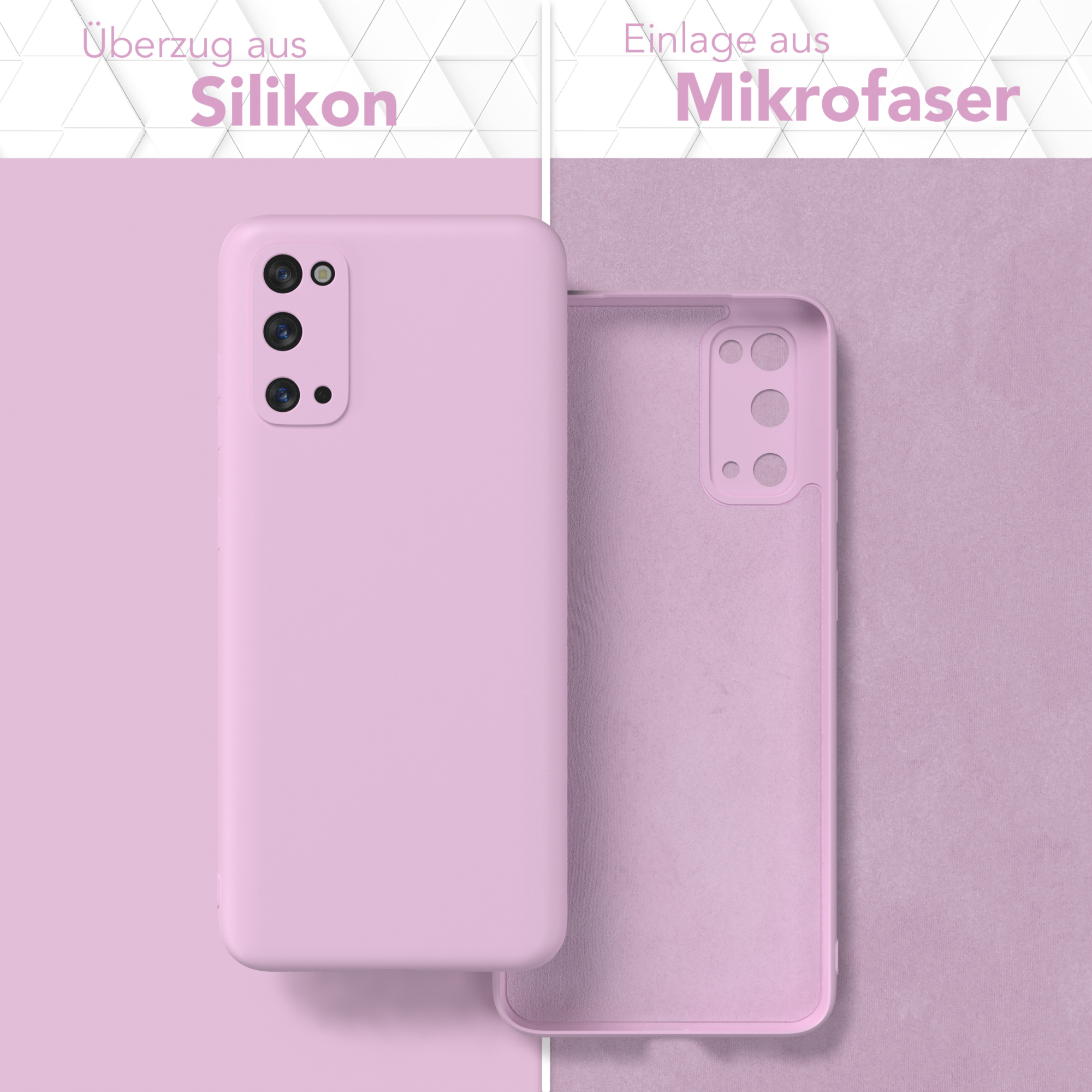 Zwei rosa Handyhüllen, eine mit Telefon.