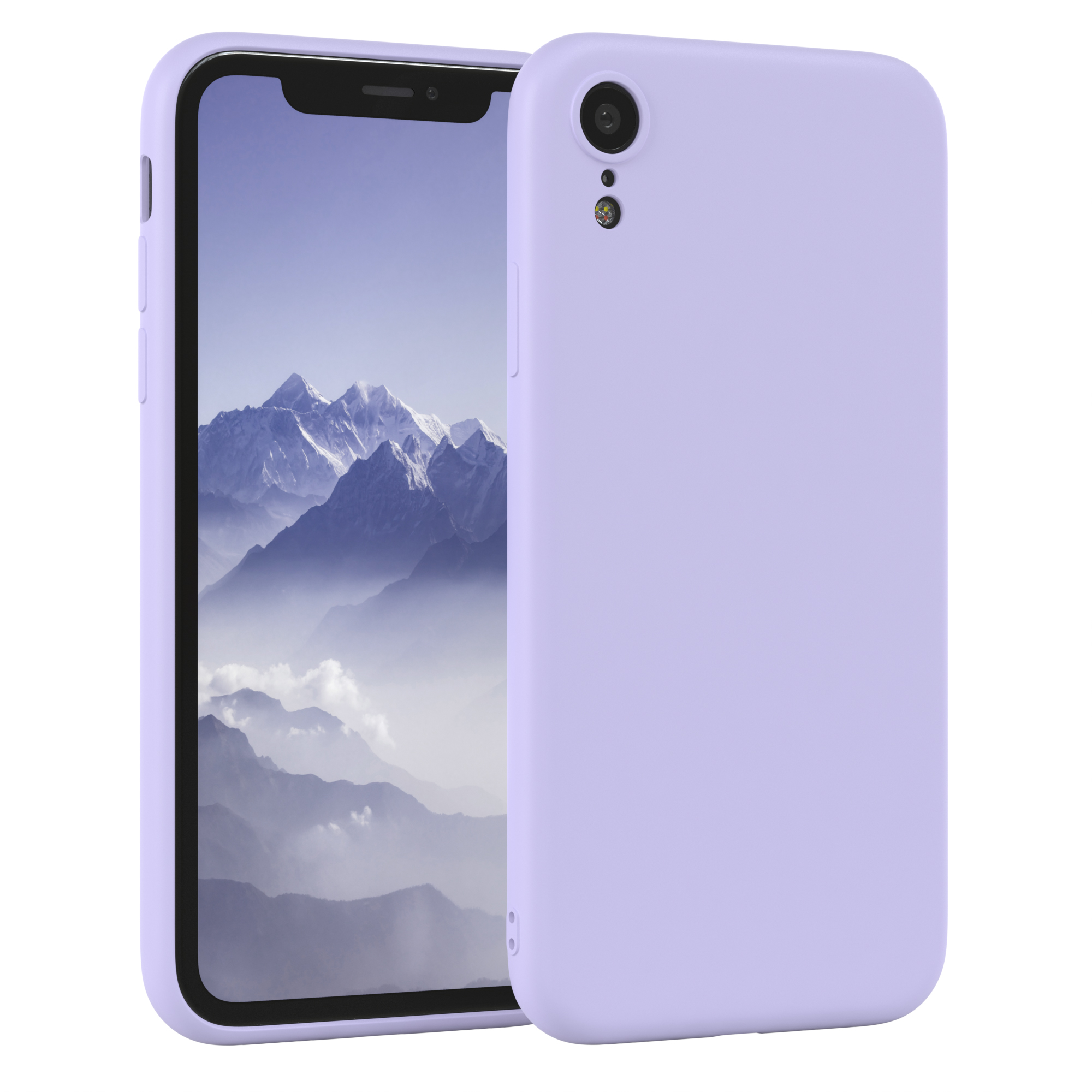 Zwei lila Handyhüllen mit einem Telefon. Weißer Hintergrund.