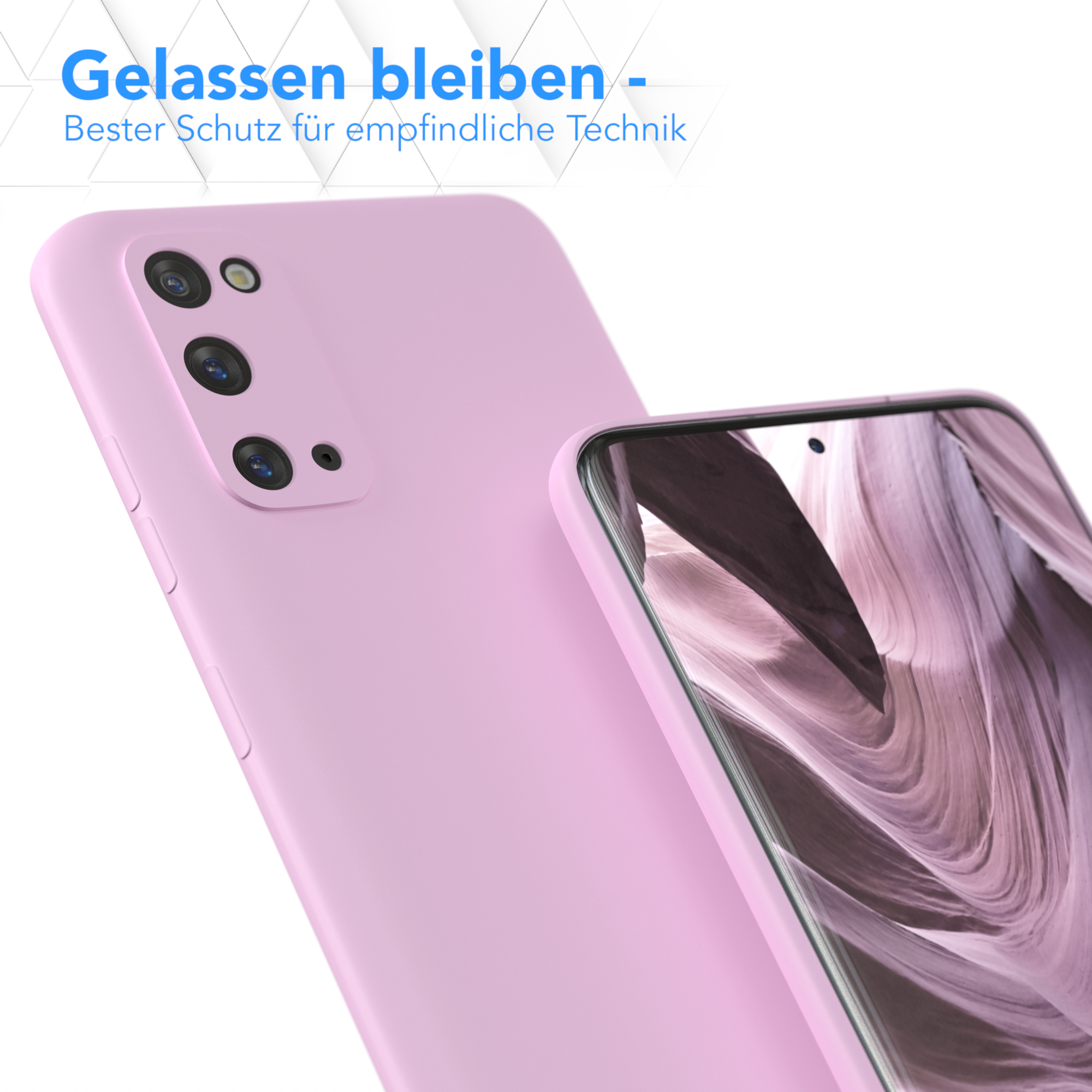 Rosa Handyhülle. Text: Entspannt bleiben - Bester Schutz für empfindliche Technik.