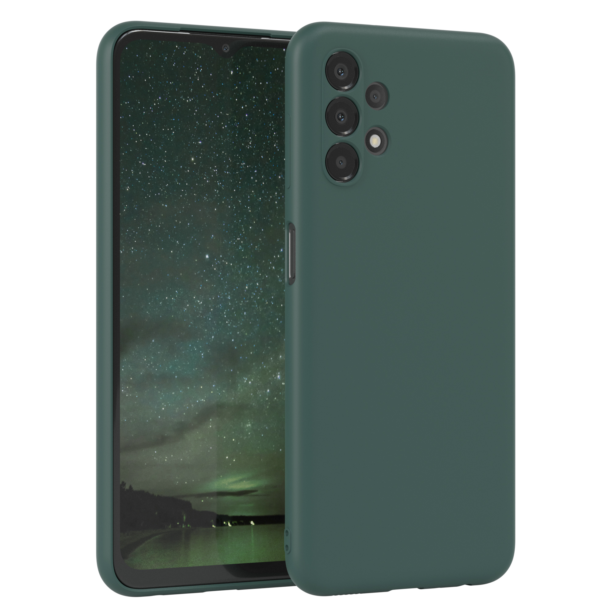 Grüne Handyhülle mit einem Telefon, das einen Sternenhimmel zeigt.