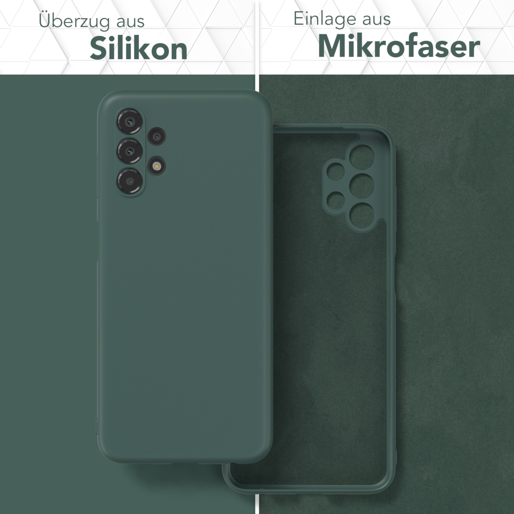 Zwei Handyhüllen: eine grüne Silikon- und eine grüne Mikrofaserhülle. Die Mikrofaserhülle ist innen.