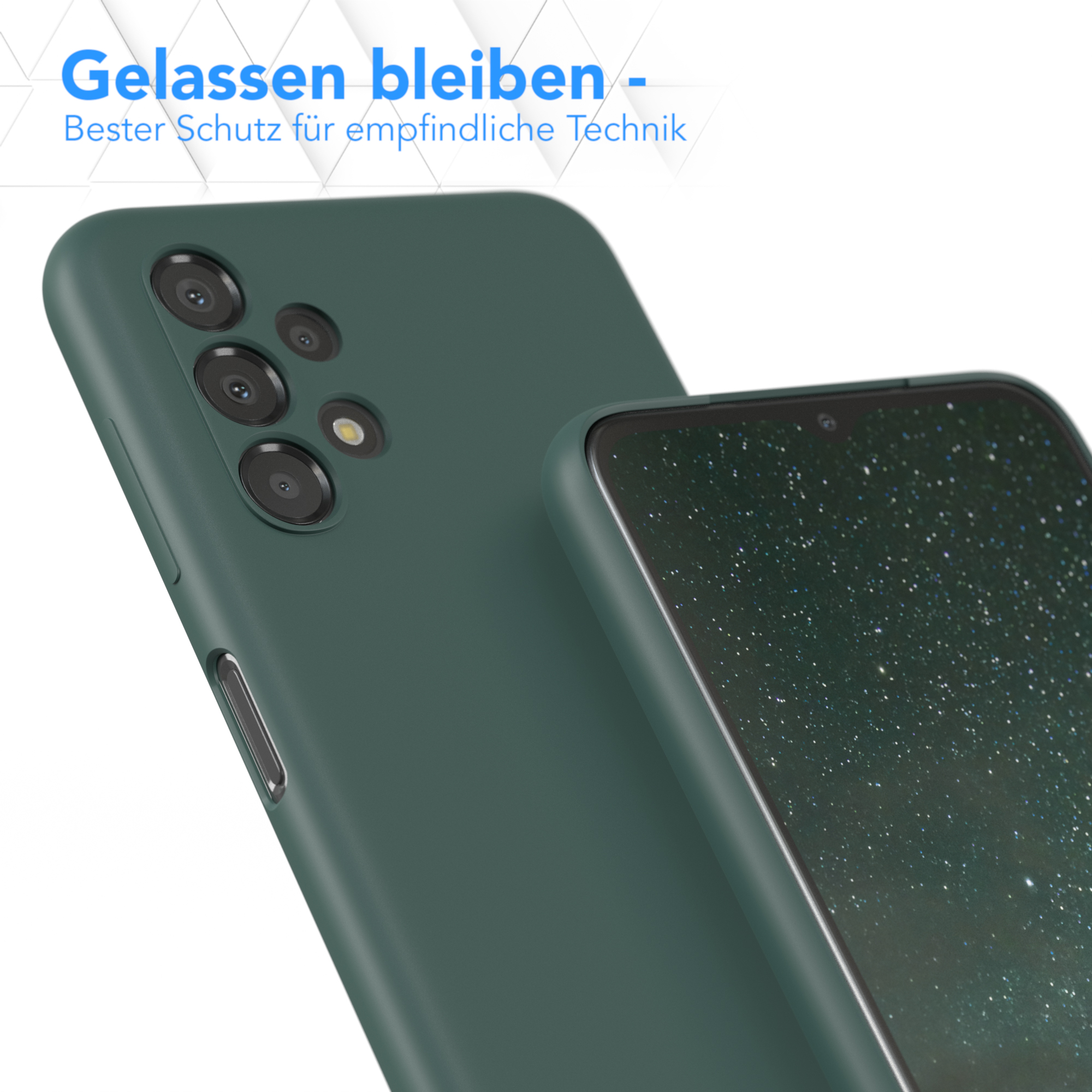 Eine Handyhülle auf einem Telefon. Die Hülle ist grün. Der Hintergrund ist unscharf.