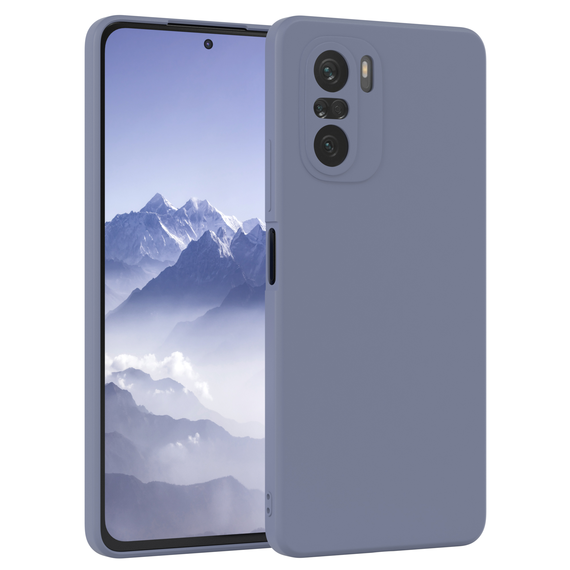 Blaue Handyhülle mit einem Bildschirm, der eine Landschaft zeigt. Das Telefon hat zwei Kameras.