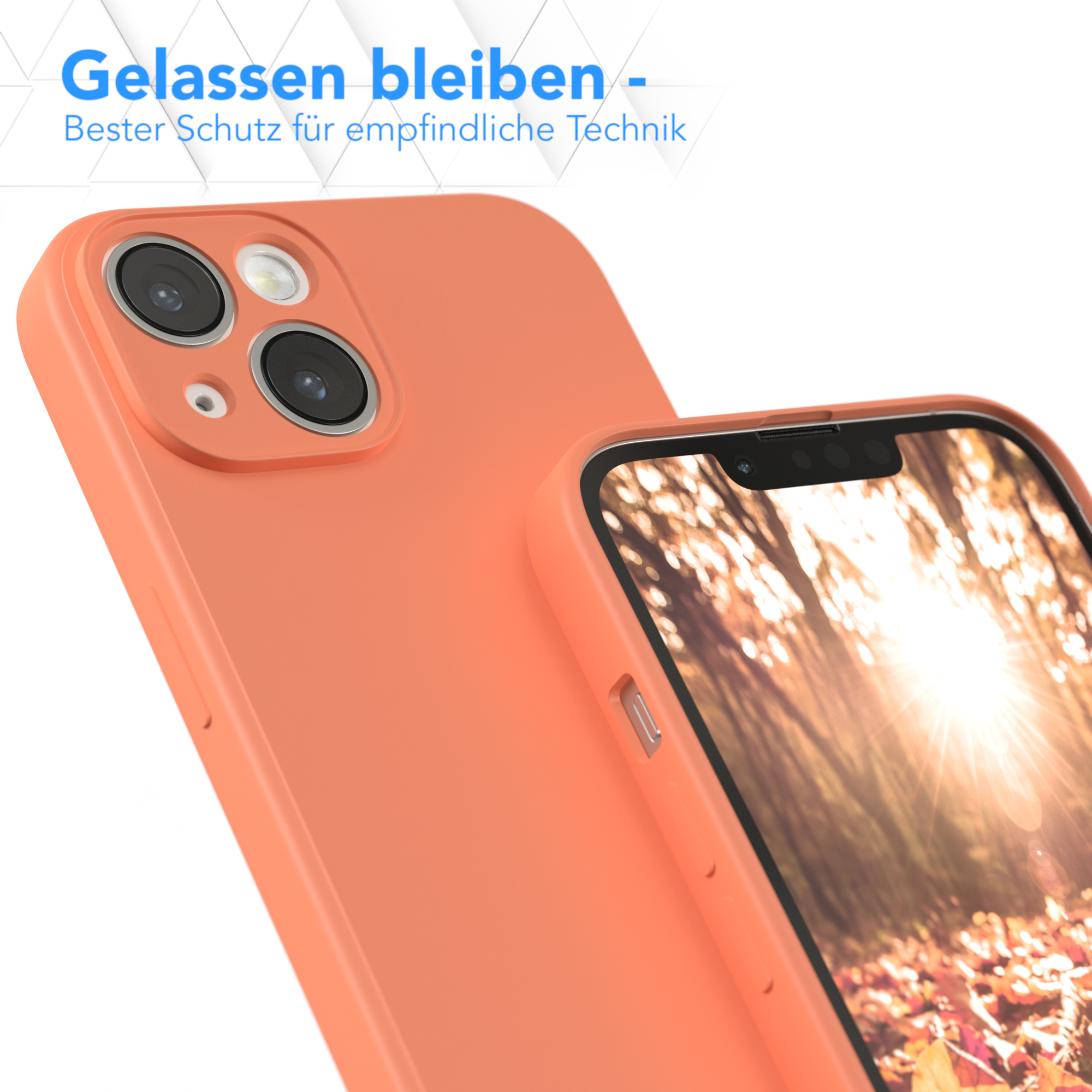Orangefarbene Handyhülle mit Telefon und Rückseite einer weiteren Hülle.