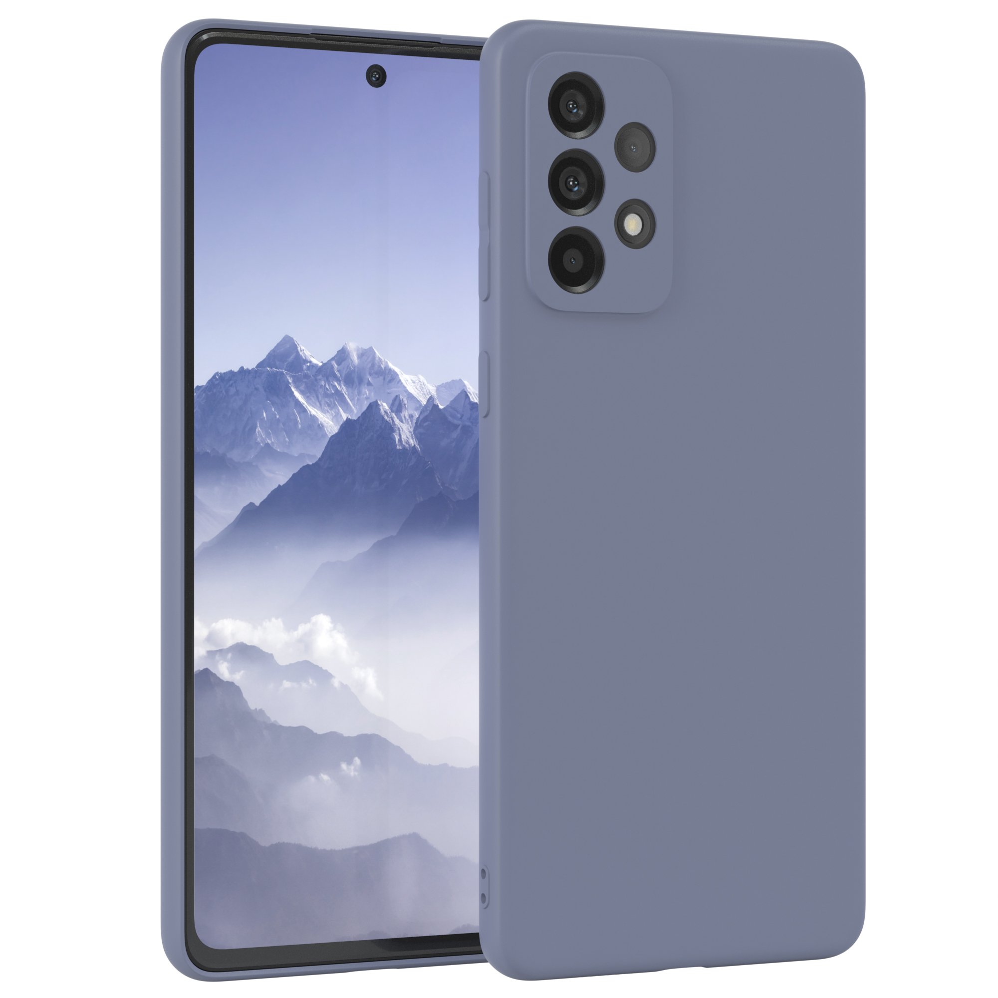 Blaues Telefon mit Hülle und Bildschirm, der die Benutzeroberfläche des Telefons anzeigt.