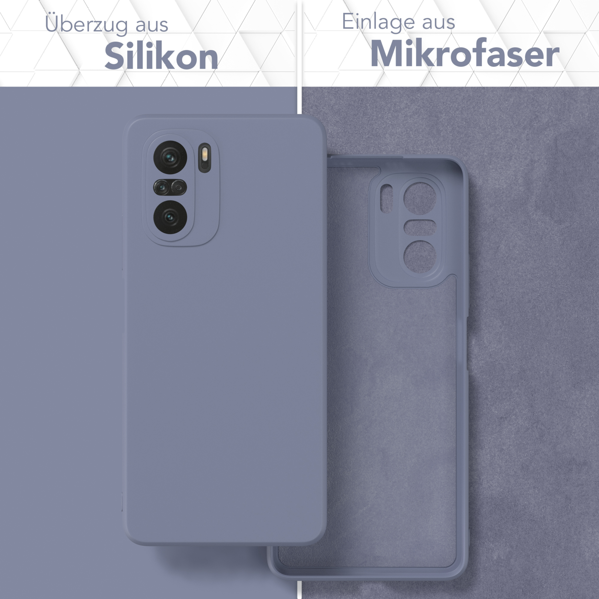 Blaue Handyhülle und Mikrofaser-Einsatz. Text auf Deutsch: Silikon-Überzug, Mikrofaser-Einlage.