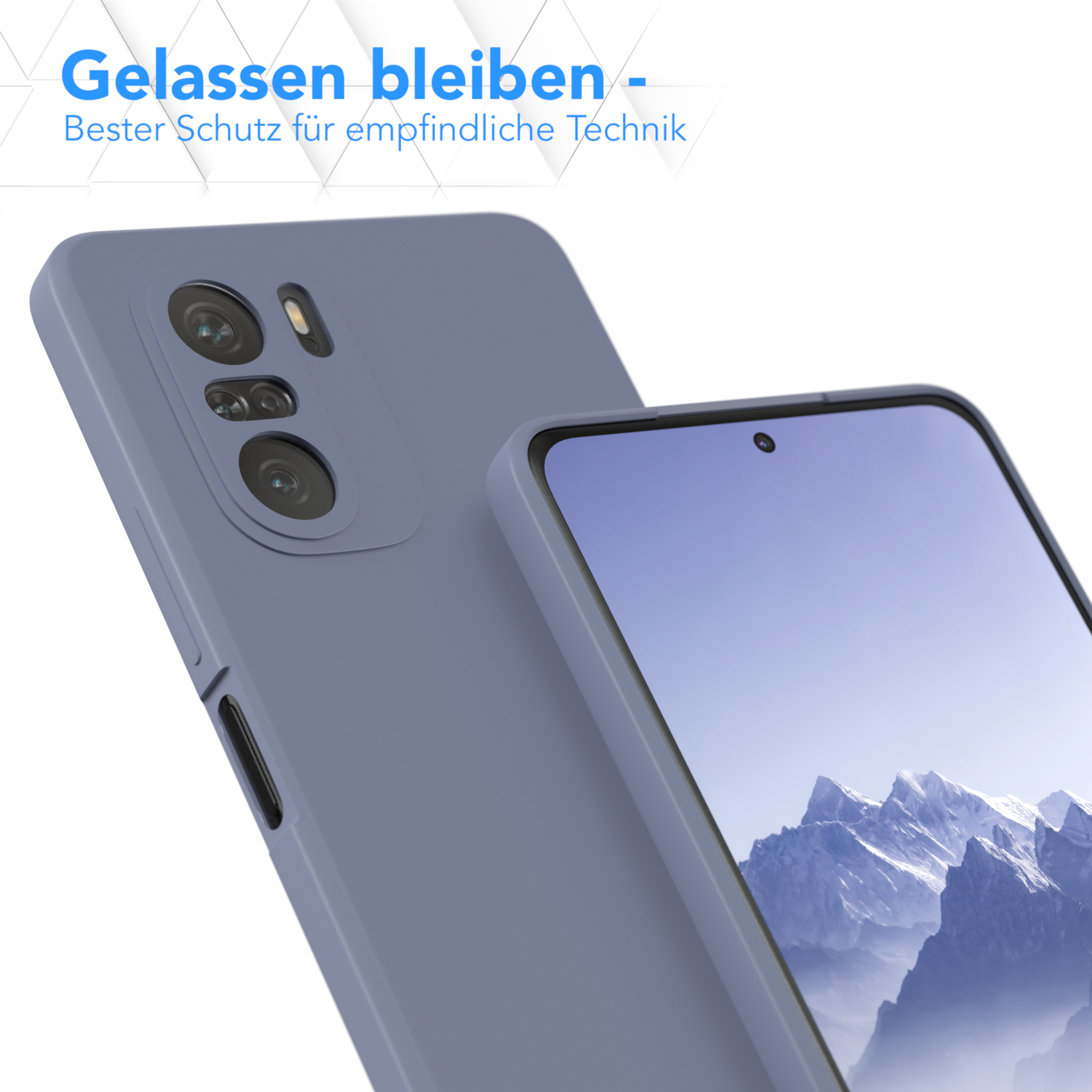 Eine blaue Handyhülle mit einem Telefon darin, Nahaufnahme.