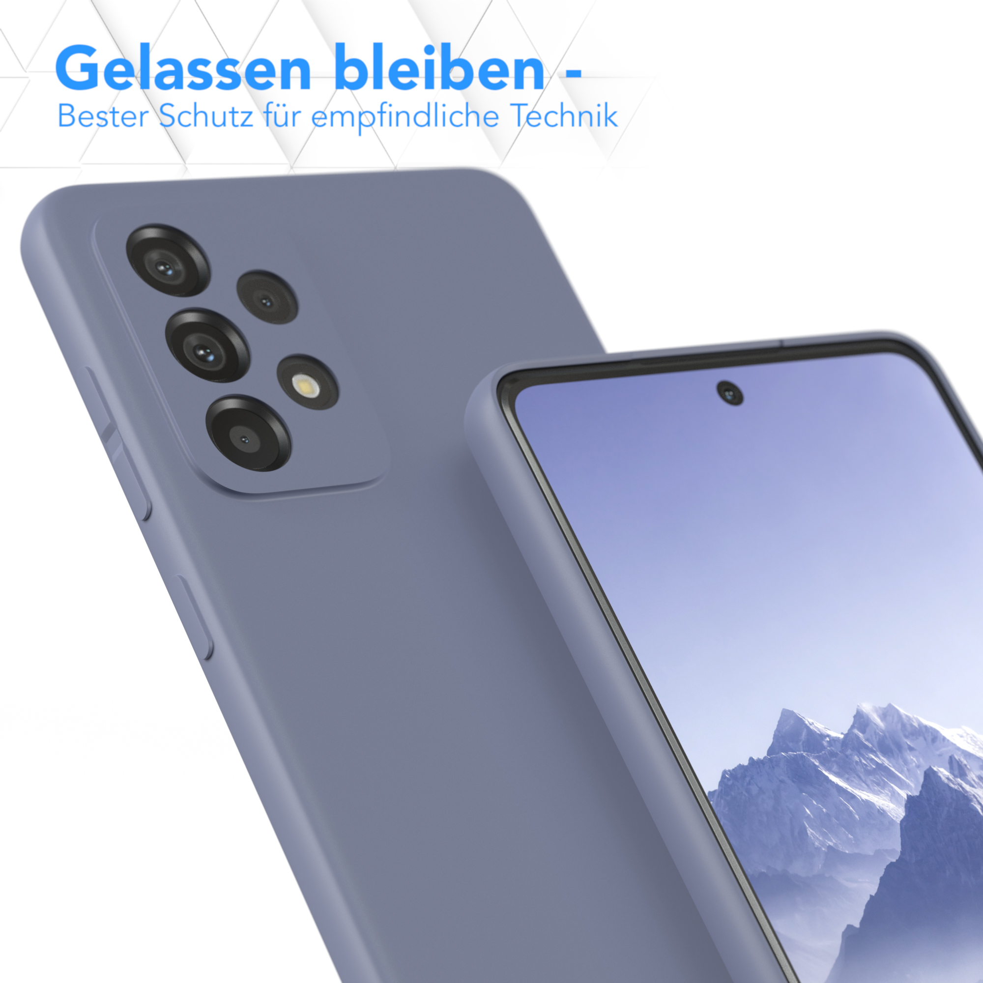 Eine blaue Handyhülle mit einem Telefon darin. Das Telefon zeigt eine Bergansicht. Text oben lautet 'Gelassen bleiben'.