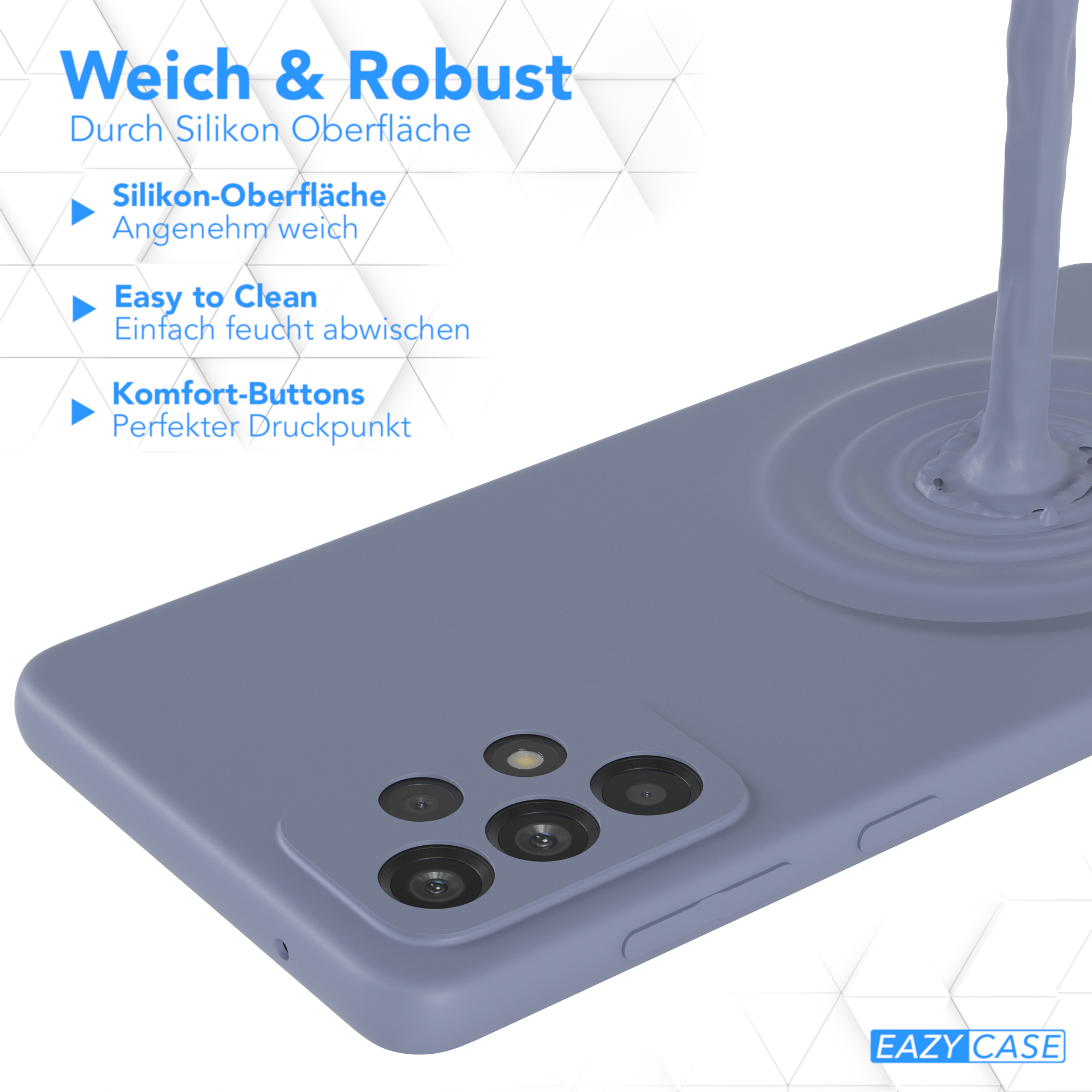 Blaue Handyhülle mit Text: Weich und robust. Silikonoberfläche, leicht zu reinigen, Komfort-Buttons.