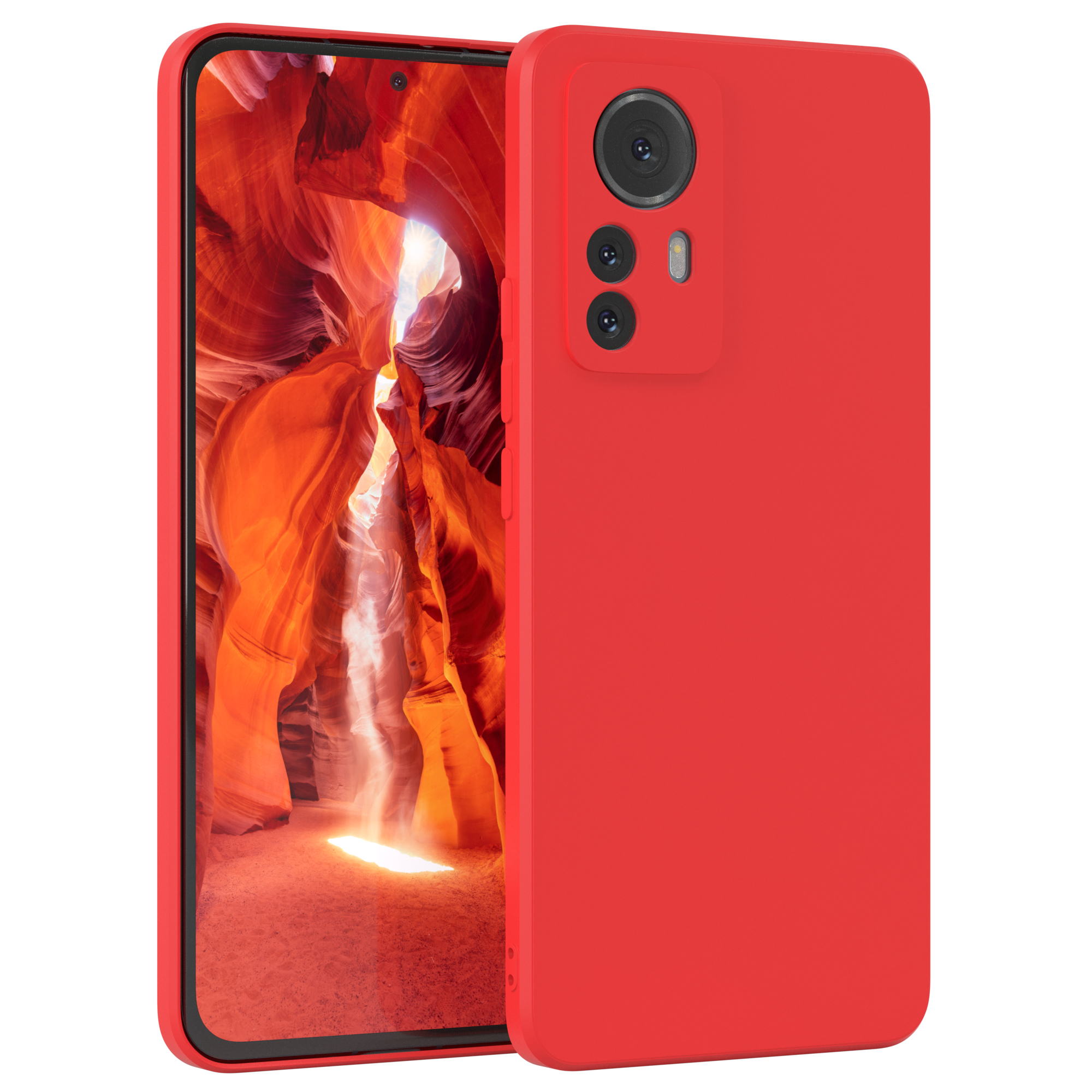 Rote Handyhülle mit Telefon, roter Felsenschlucht-Hintergrund.