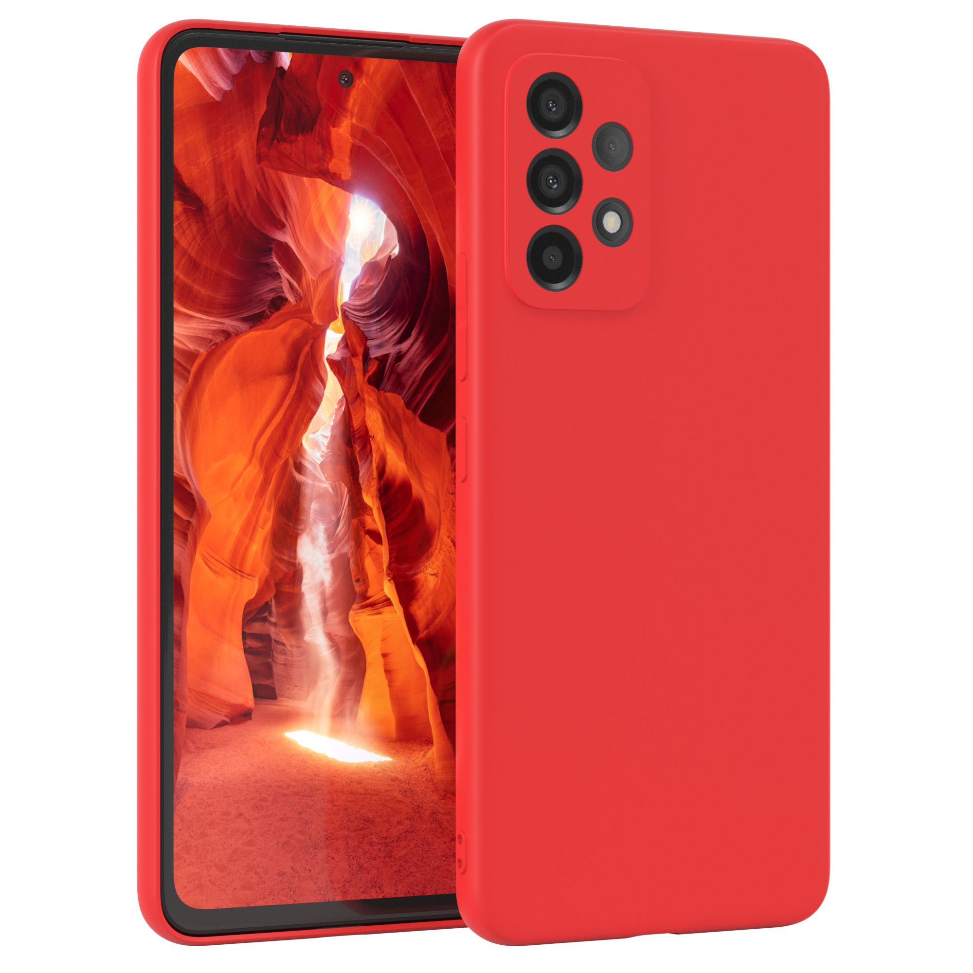 Rotes Telefon in roter Hülle, Canyon im Hintergrund.