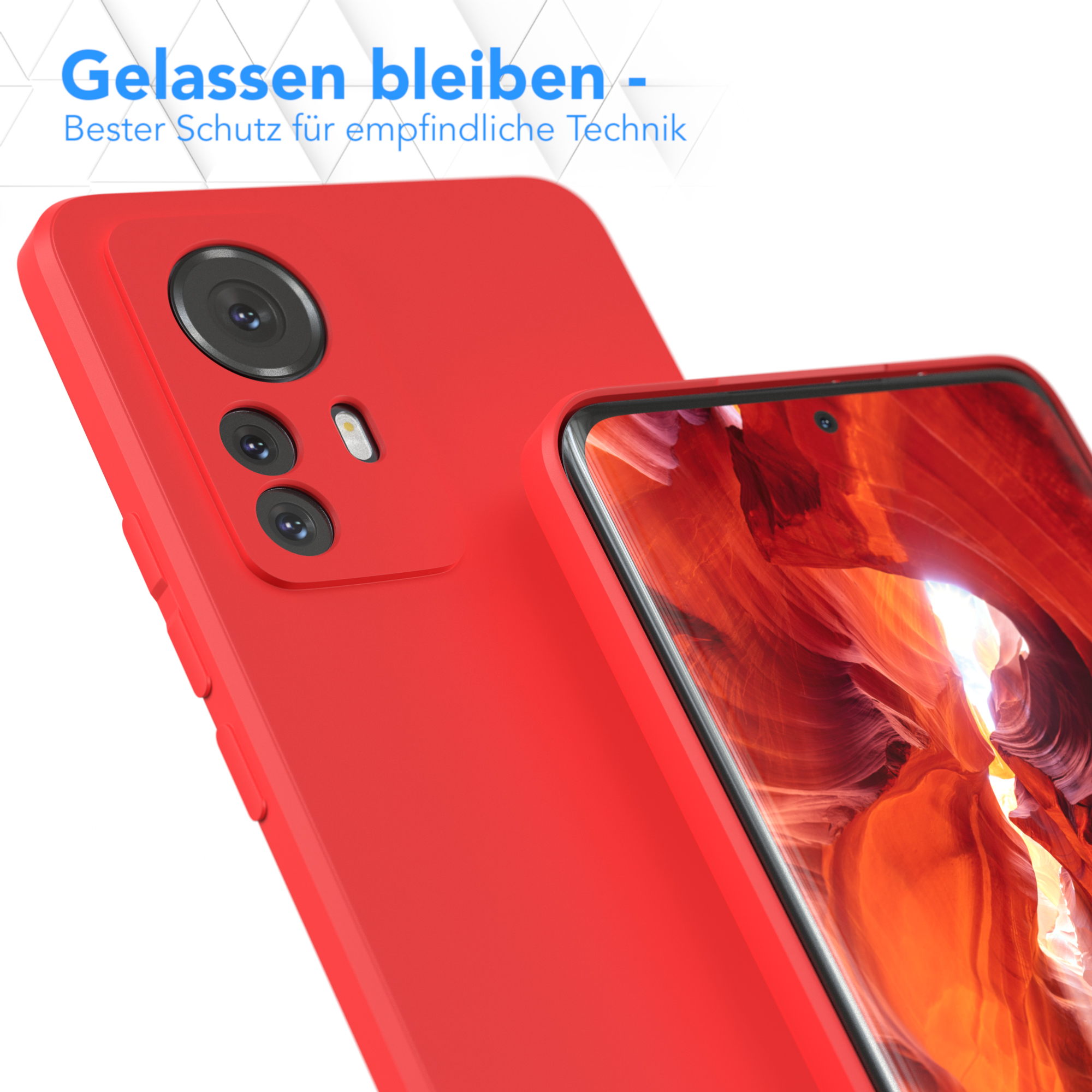 Rote Handyhülle mit Telefon und Displayschutz. Die Hülle bedeckt das Telefon.
