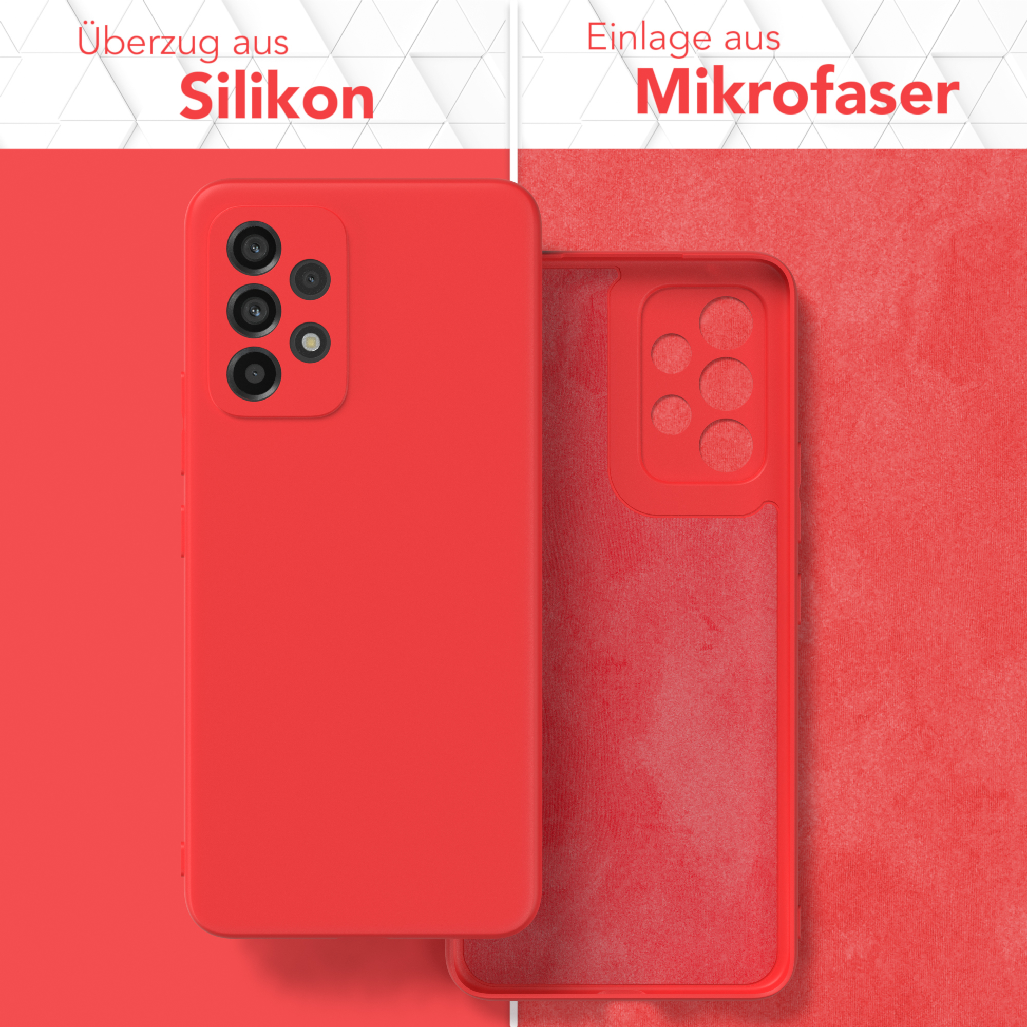 Eine rote Handyhülle, geöffnet, um ein Mikrofaser-Innenfutter zu zeigen. Auf rotem Hintergrund.