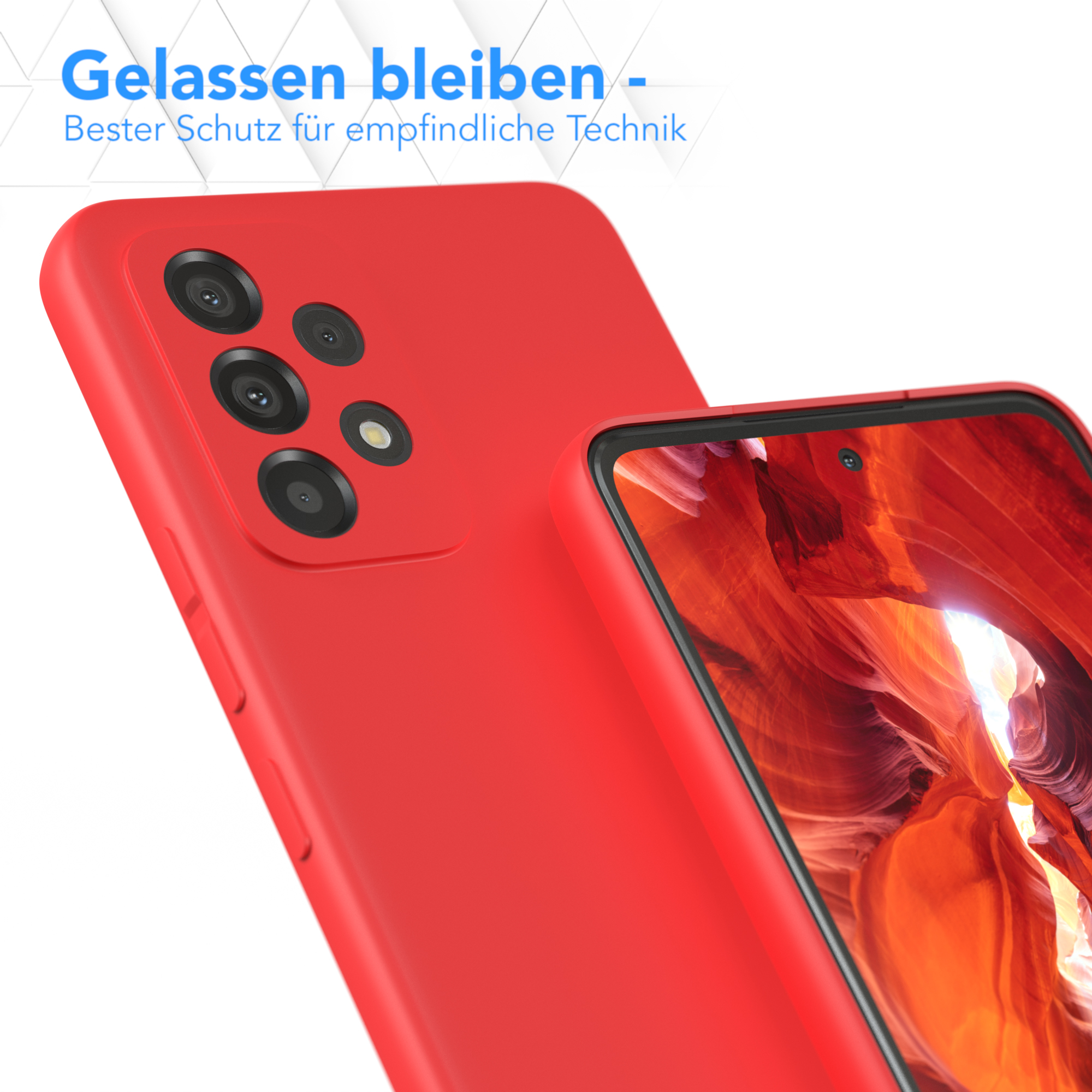 Rote Handyhülle mit einem Telefon darin. Text: Bleiben Sie ruhig - bester Schutz für empfindliche Technik.