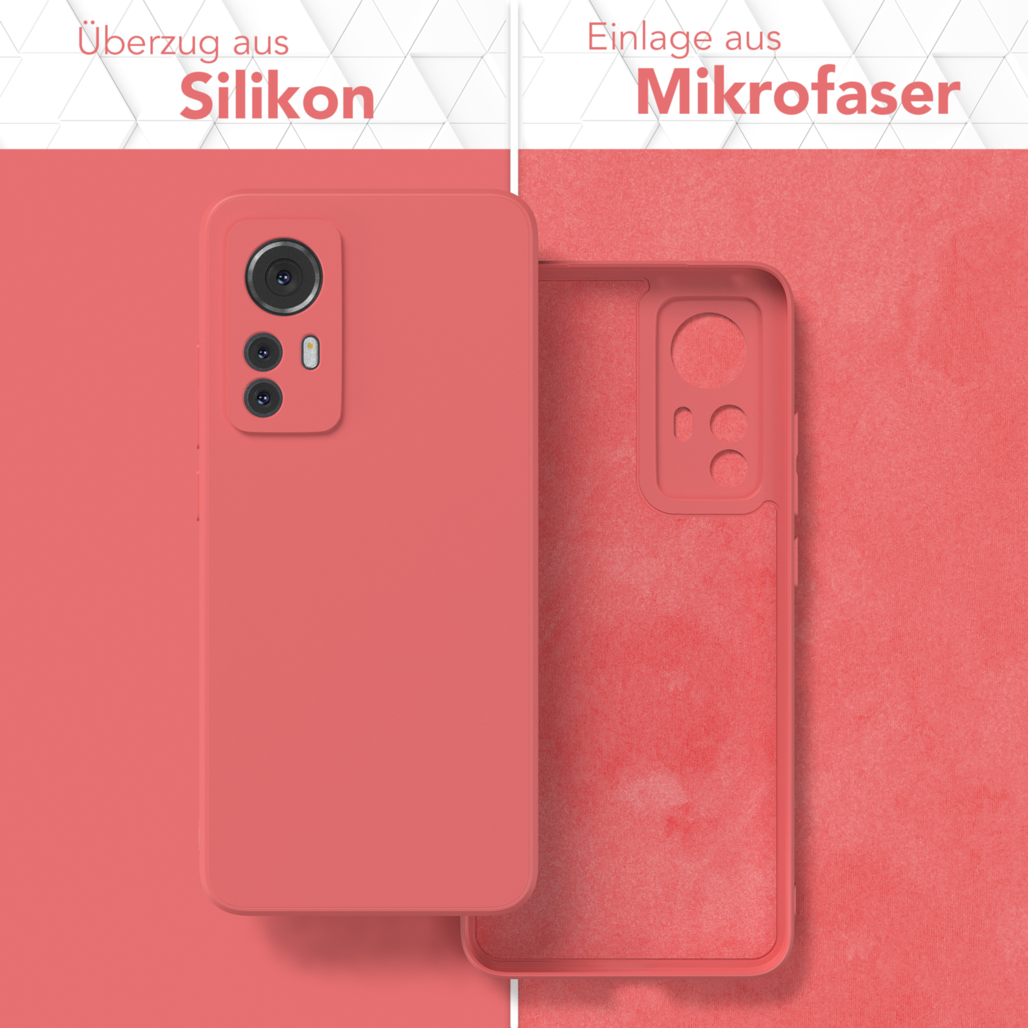 Zwei Handyhüllen, innen und außen zeigend, rote Farbe, mit deutschem Text, Silikon und Mikrofaser.