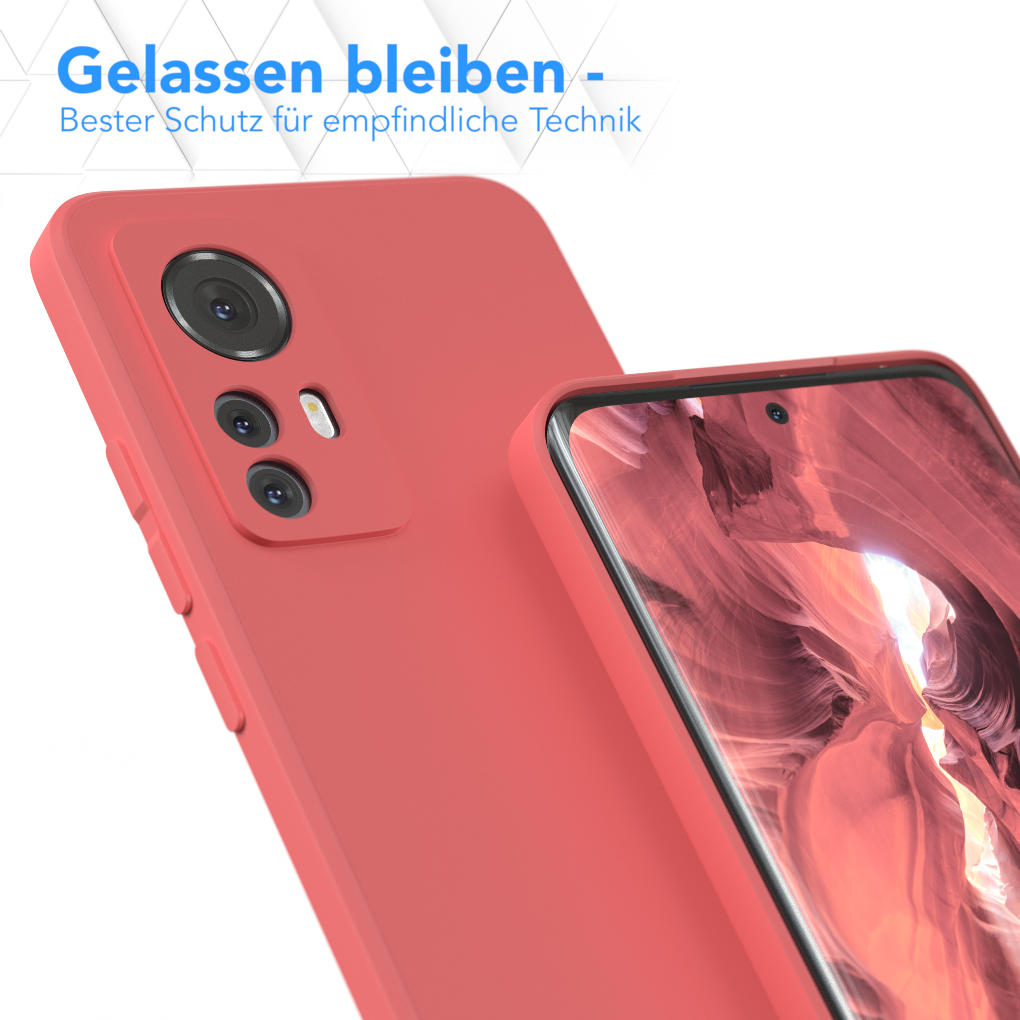 Rote Handyhülle auf einem Telefon. Text sagt: 'Bleiben Sie gelassen - Bester Schutz für empfindliche Technik'.