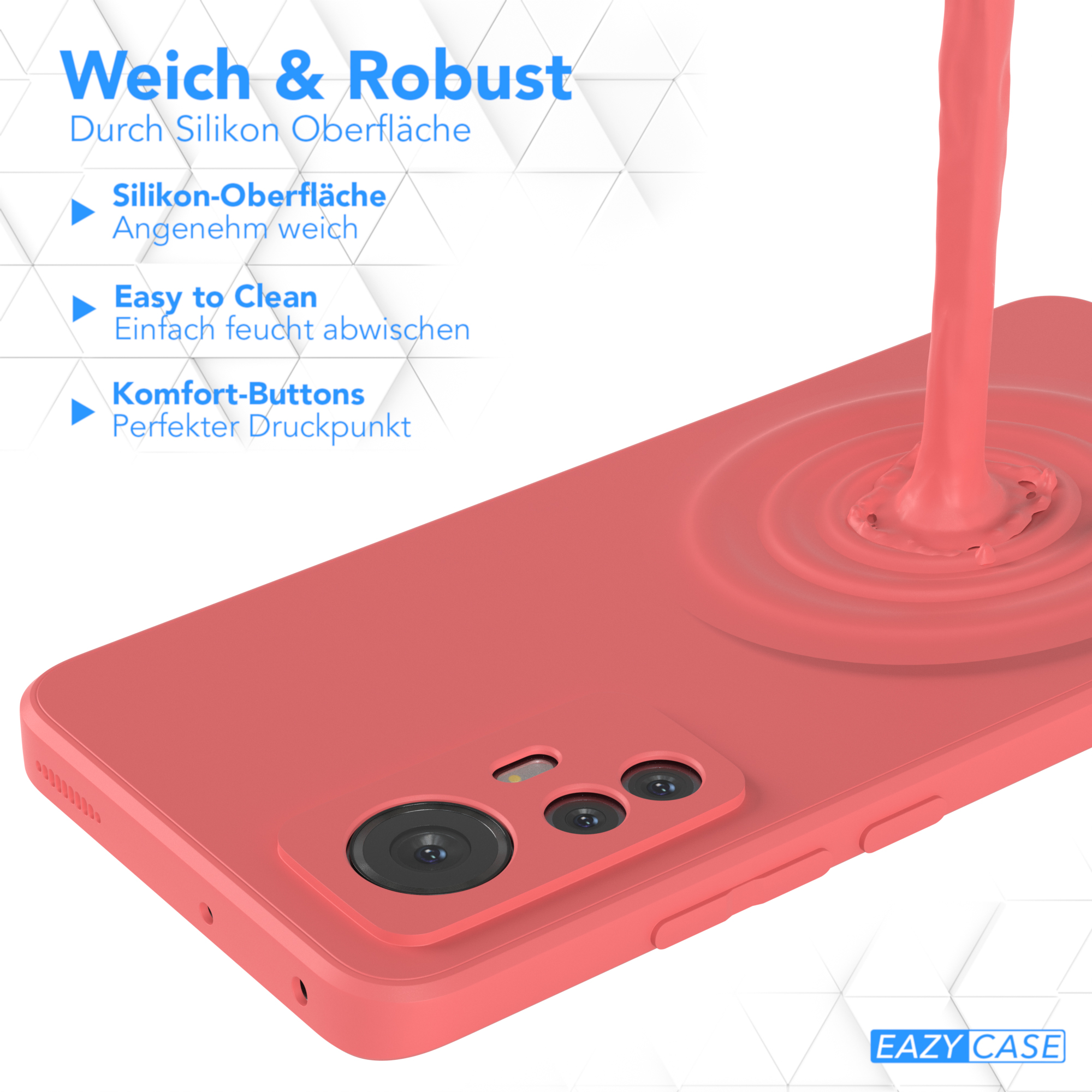 Eine Handyhülle in rosa Farbe mit Text. Sie zeigt einen Flüssigkeitsspritzer und Text.