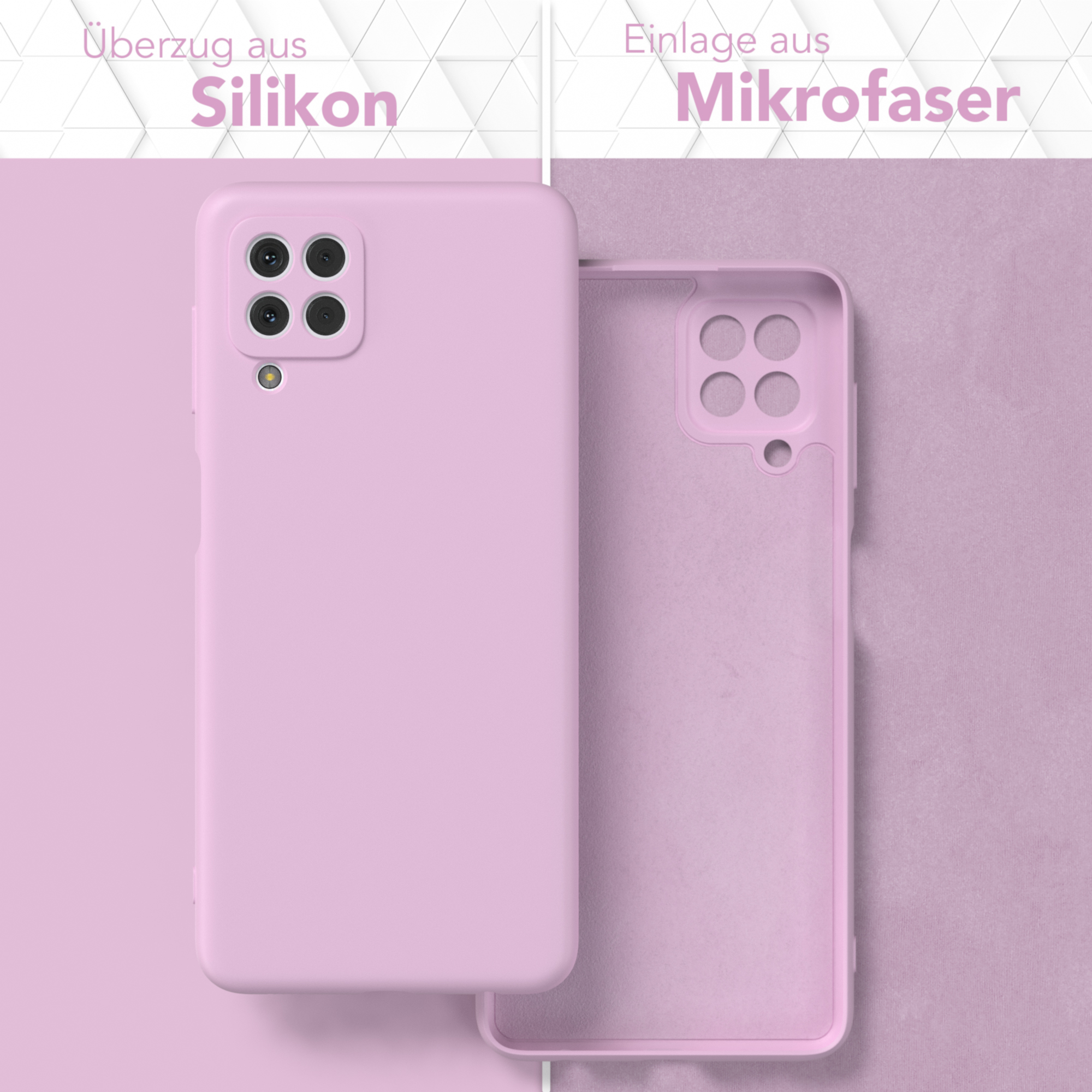Eine Handyhülle, zweiteilig, Silikon außen und Mikrofaser innen, in Rosa, wird präsentiert.