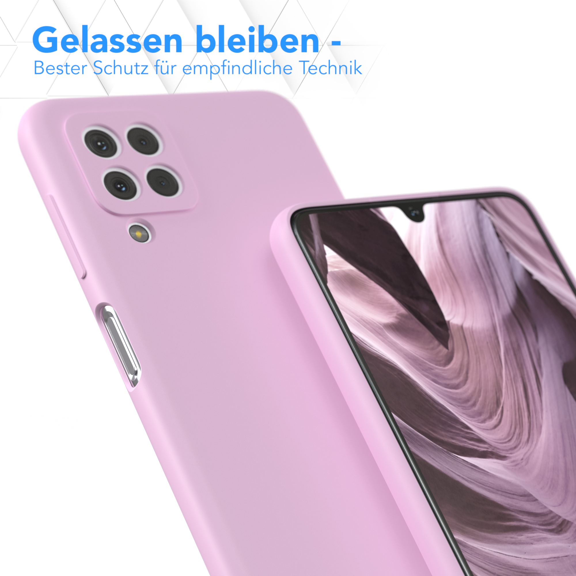 Zwei pinke Handyhüllen. Eine rechts und eine links mit einem Telefon darin.