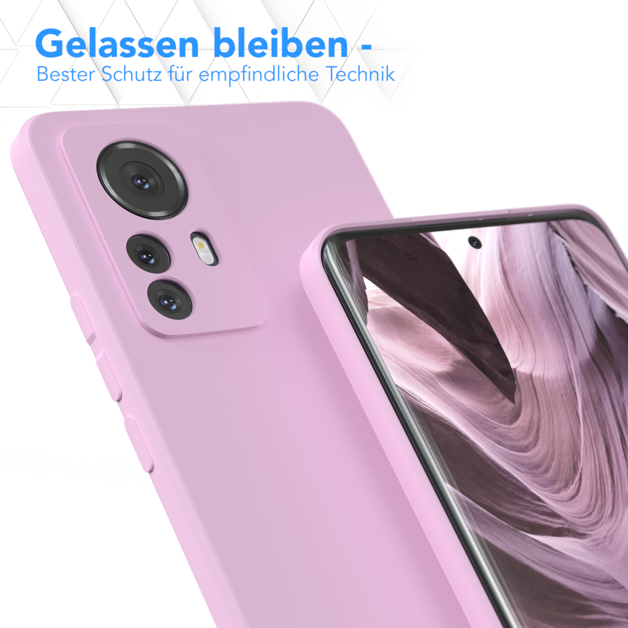 Nahaufnahme einer rosa Handyhülle und des Telefons darin. Text oben im Bild.