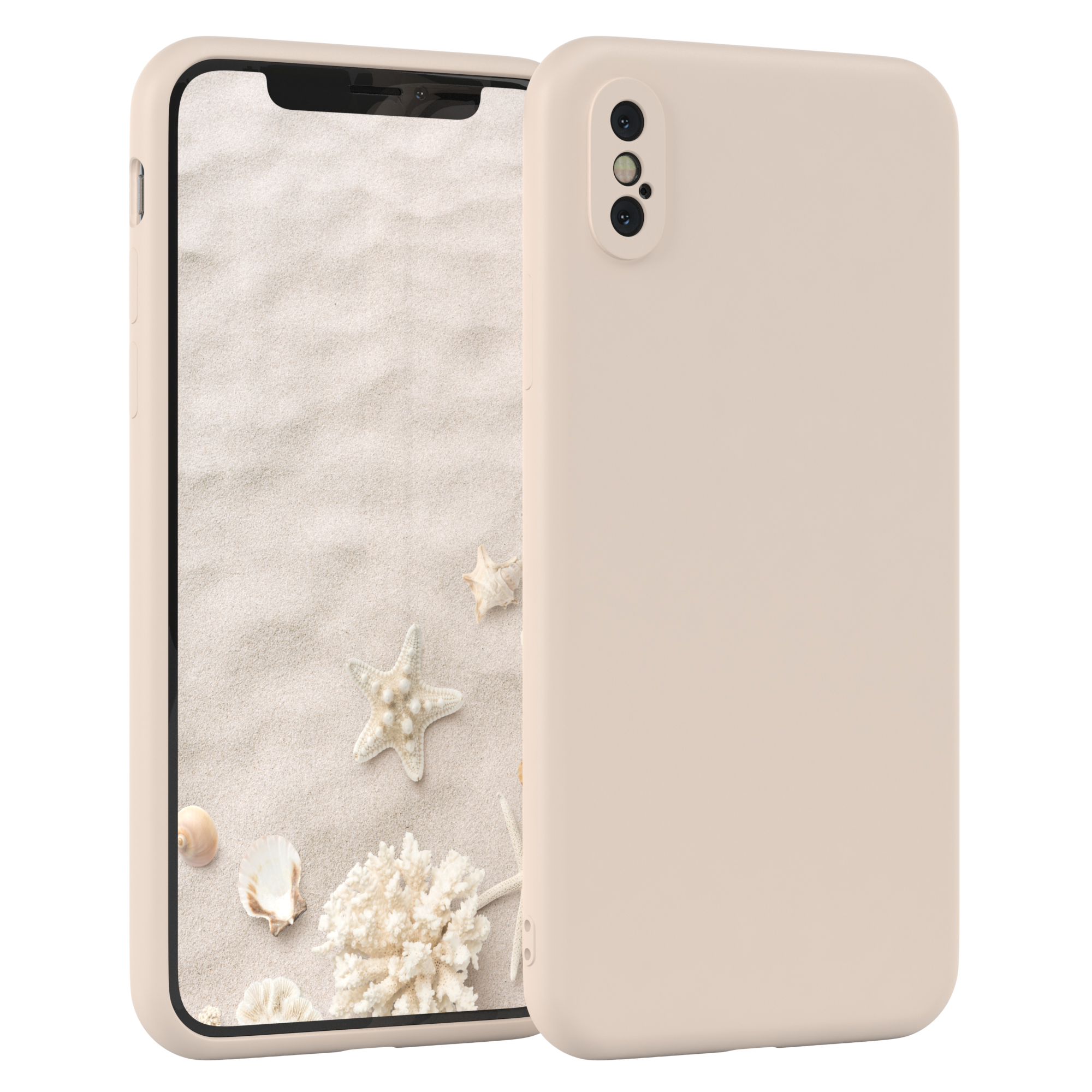Hellbraune Handyhülle und Telefon mit Strand, Seesternen.