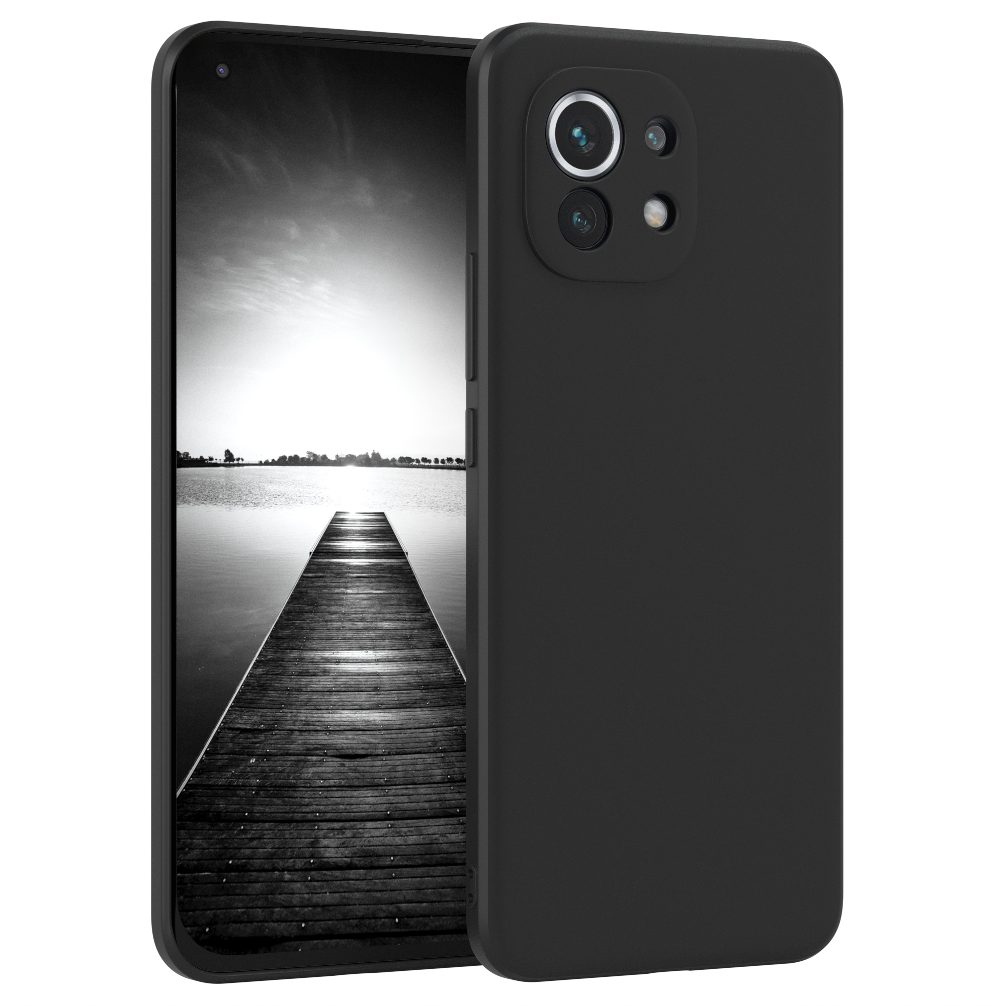 Ein schwarzes Smartphone mit einer schwarzen Hülle. Das Telefon zeigt ein Schwarz-Weiß-Bild eines Piers.