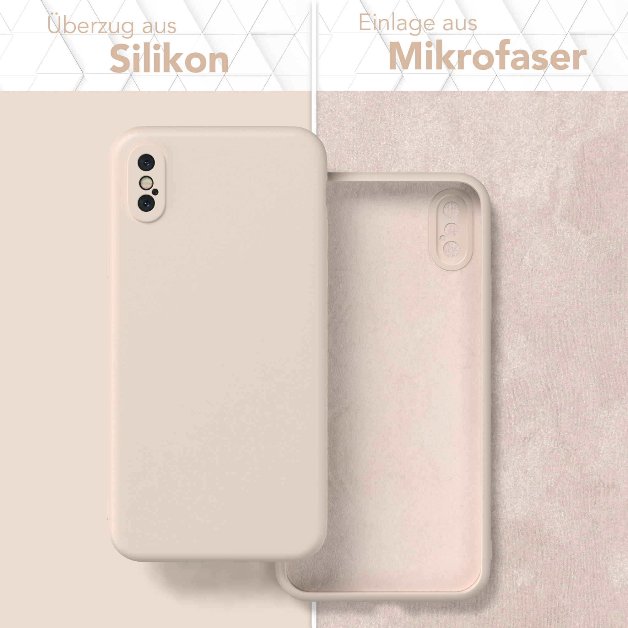 Beige Handyhülle, geöffnet. Silikon- und Mikrofaser-Schichten. Innenseite der Hülle sichtbar.