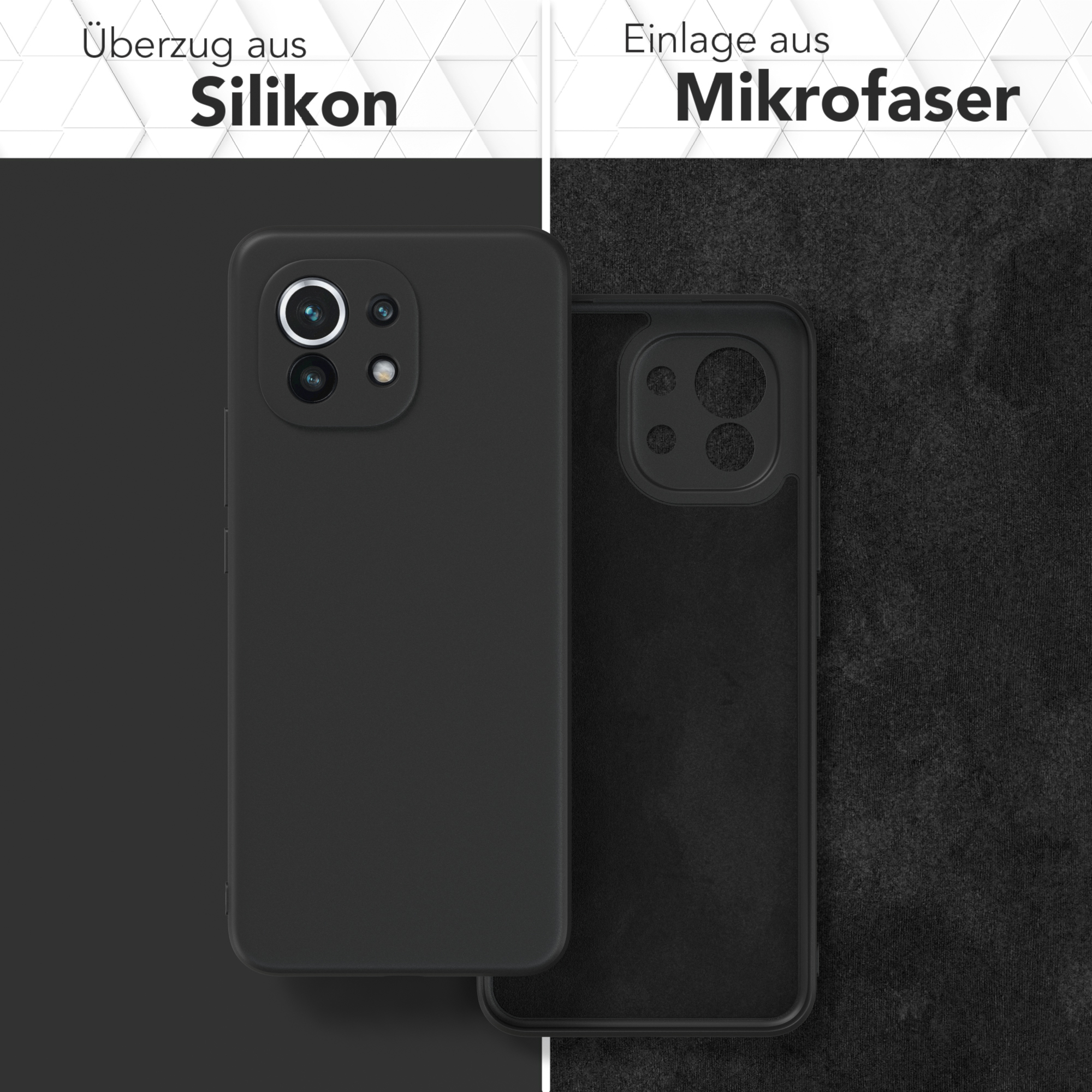 Zwei Handyhüllen. Eine ist schwarz und hat ein Handy drin, die andere ist schwarz und leer.