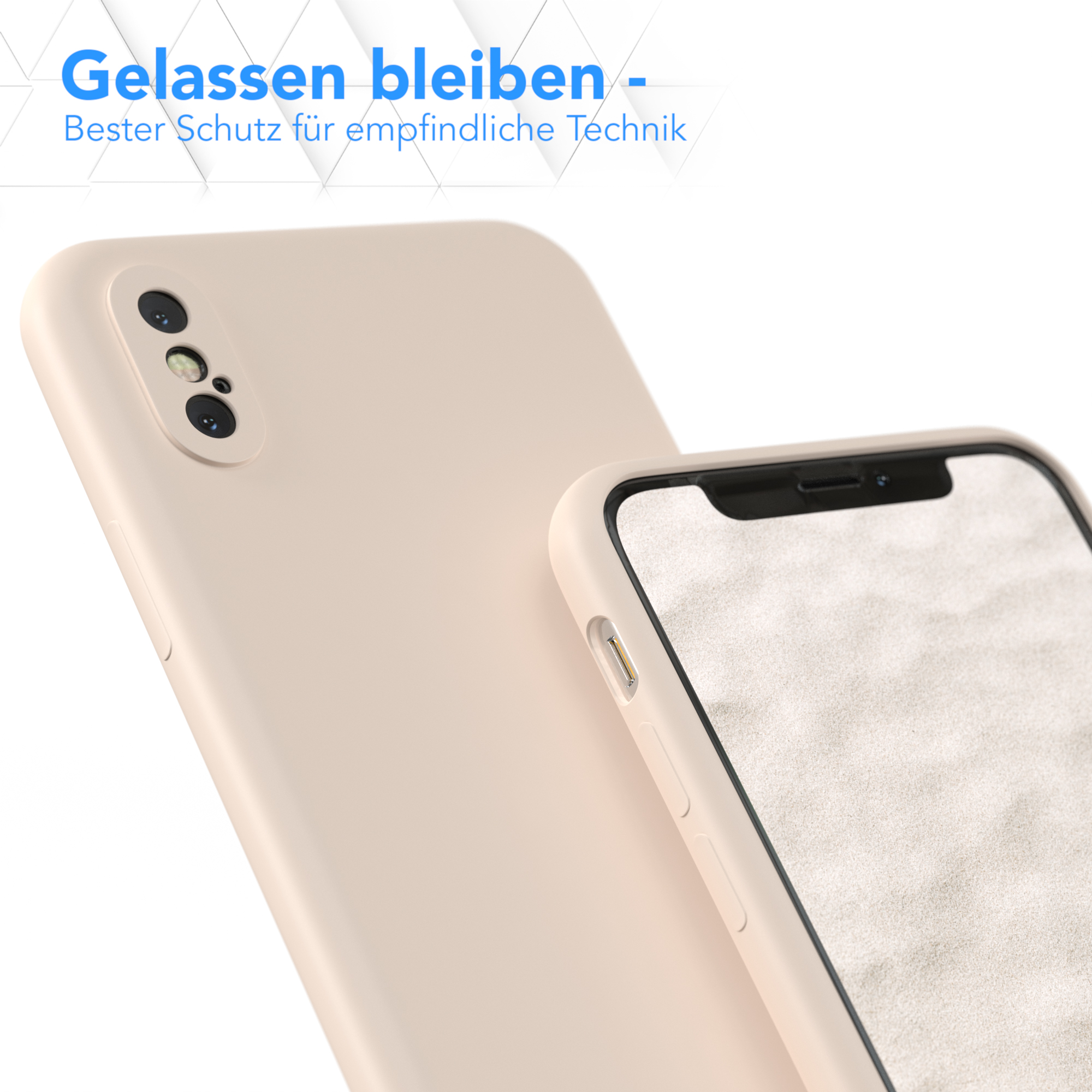Ein Telefon in einer beigen Hülle neben einer anderen beigen Handyhülle. Text: 'Gelassen bleiben'.