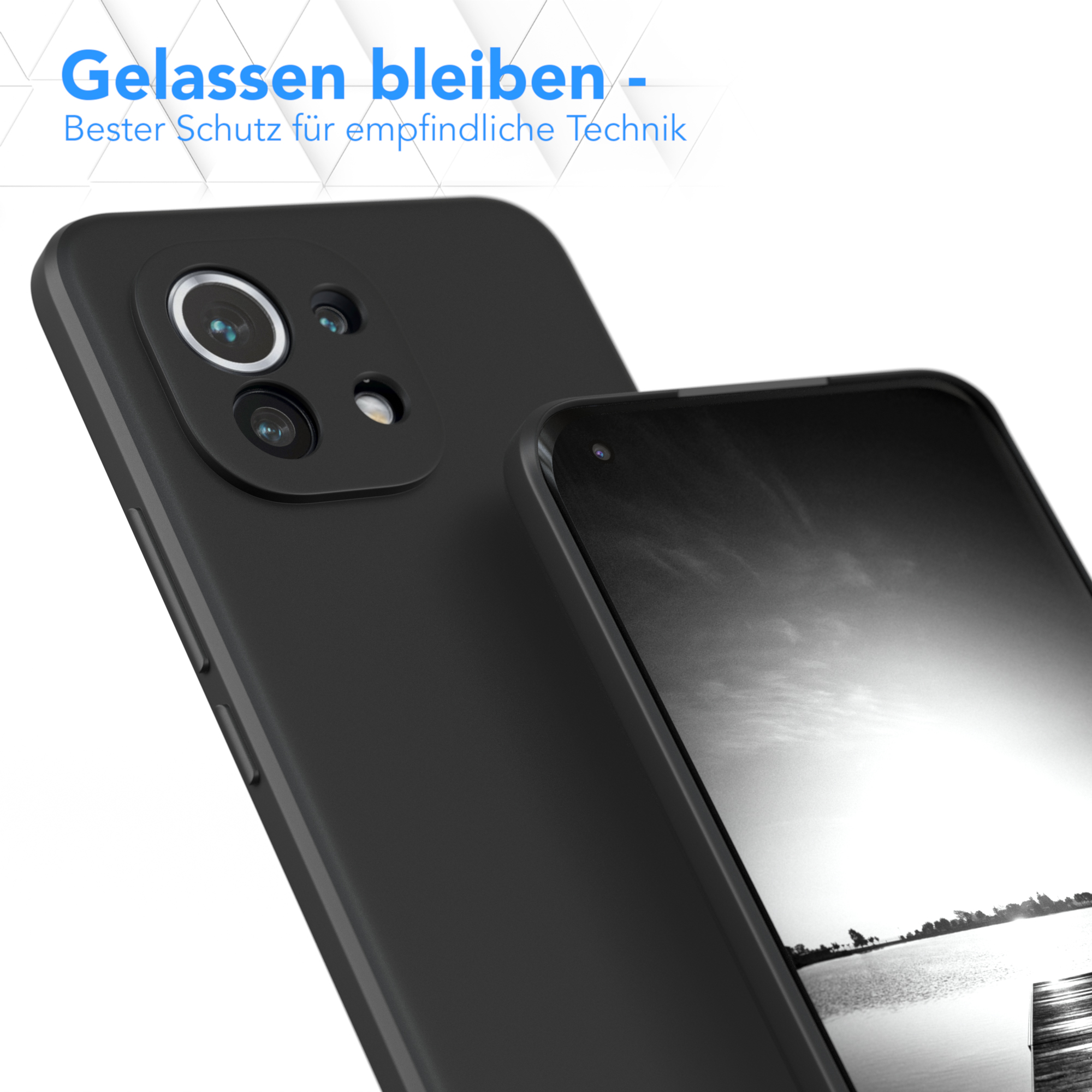 Schwarze Handyhülle mit einem Telefon. Das Telefon hat zwei Kameras. Weißer Hintergrund.