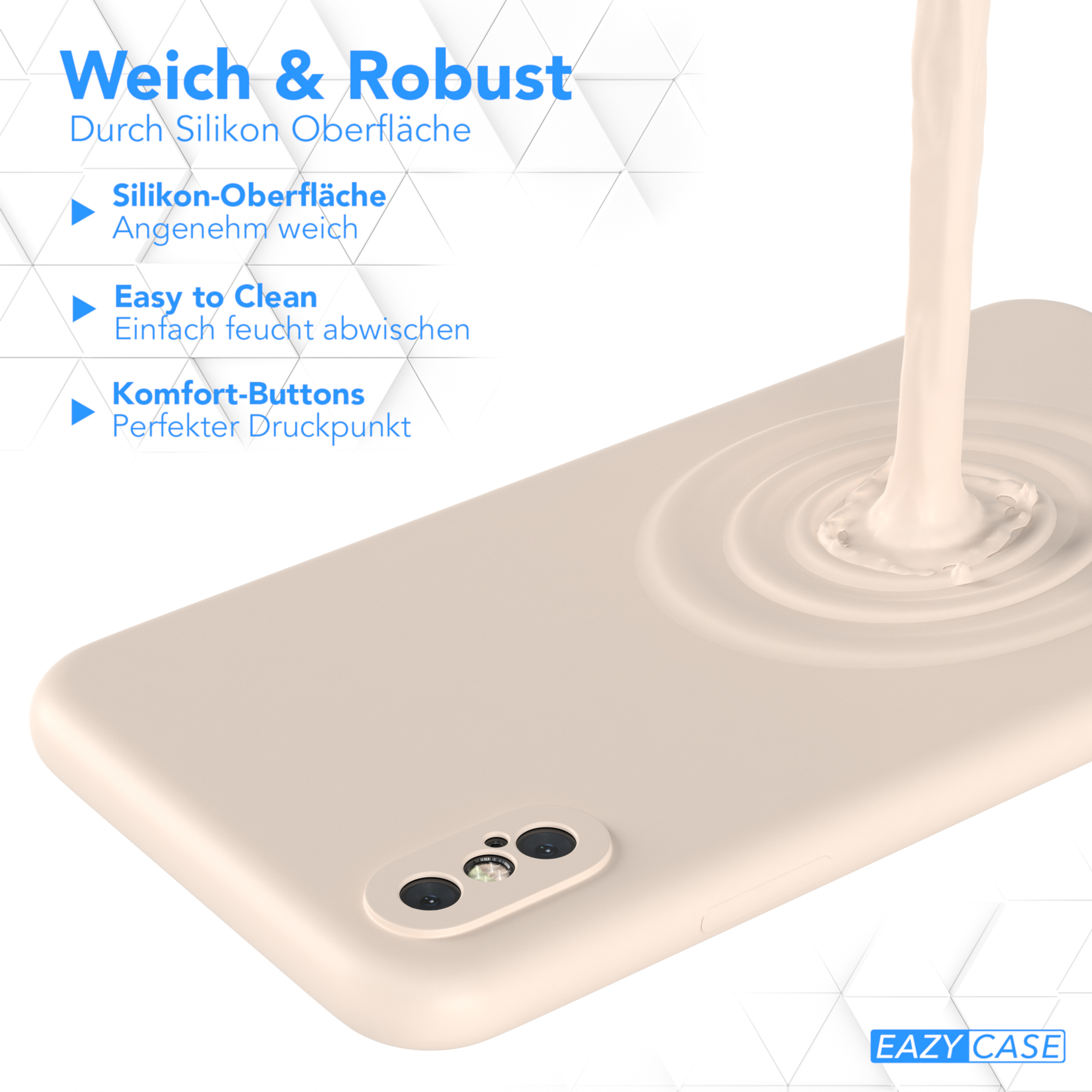 Beige Handyhülle. Eine Flüssigkeit wird darauf gegossen.