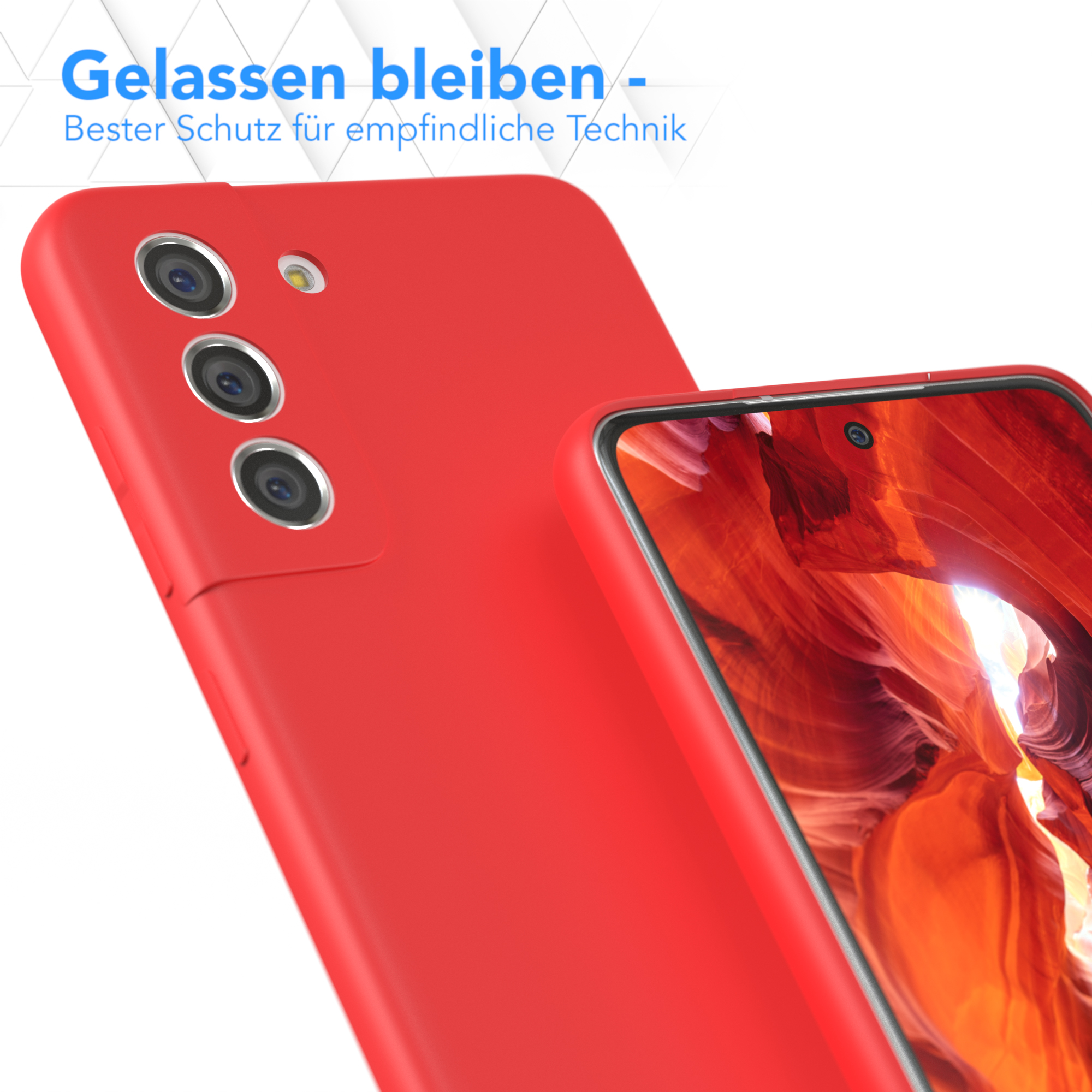 Rote Handyhülle neben einem Telefon mit rotem und orangefarbenem Hintergrund.
