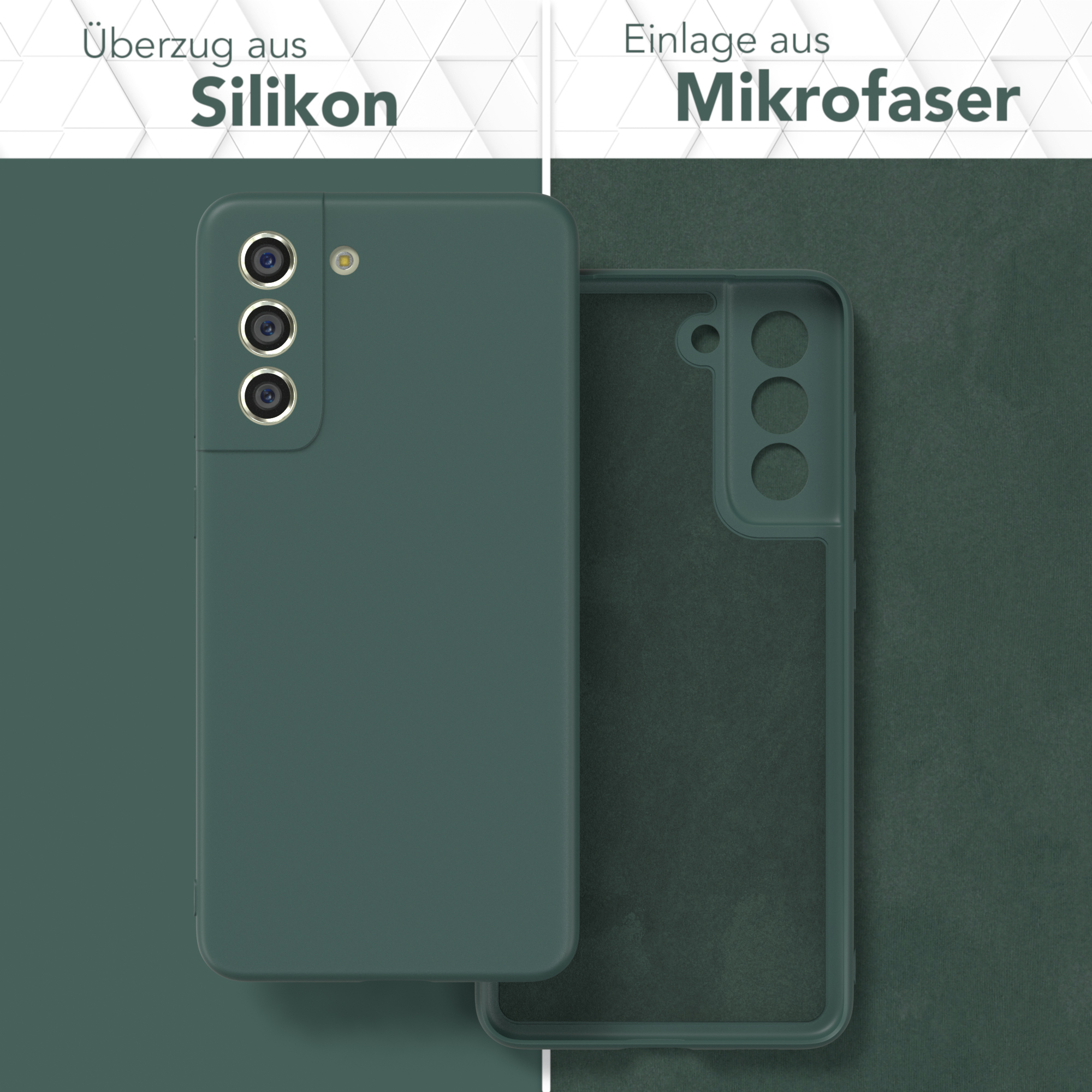 Zwei Handyhüllen: grüne Silikon- und Mikrofaser-Einsatz. Text: Silikon-Abdeckung und Mikrofaser-Einsatz.