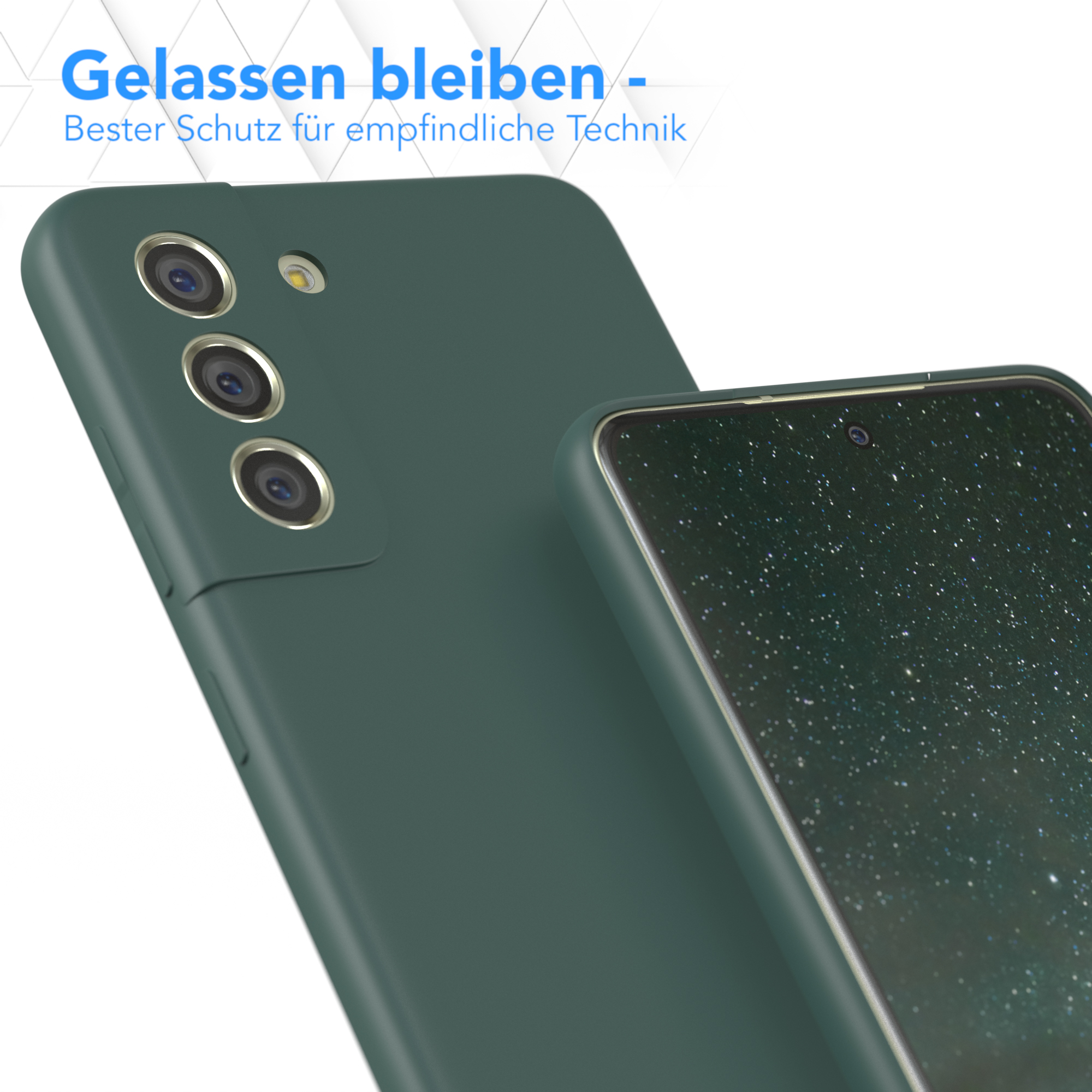 Eine Handyhülle bedeckt ein Handy. Die Handyhülle ist dunkelgrün. Die Hülle bedeckt die Rückseite des Handys.