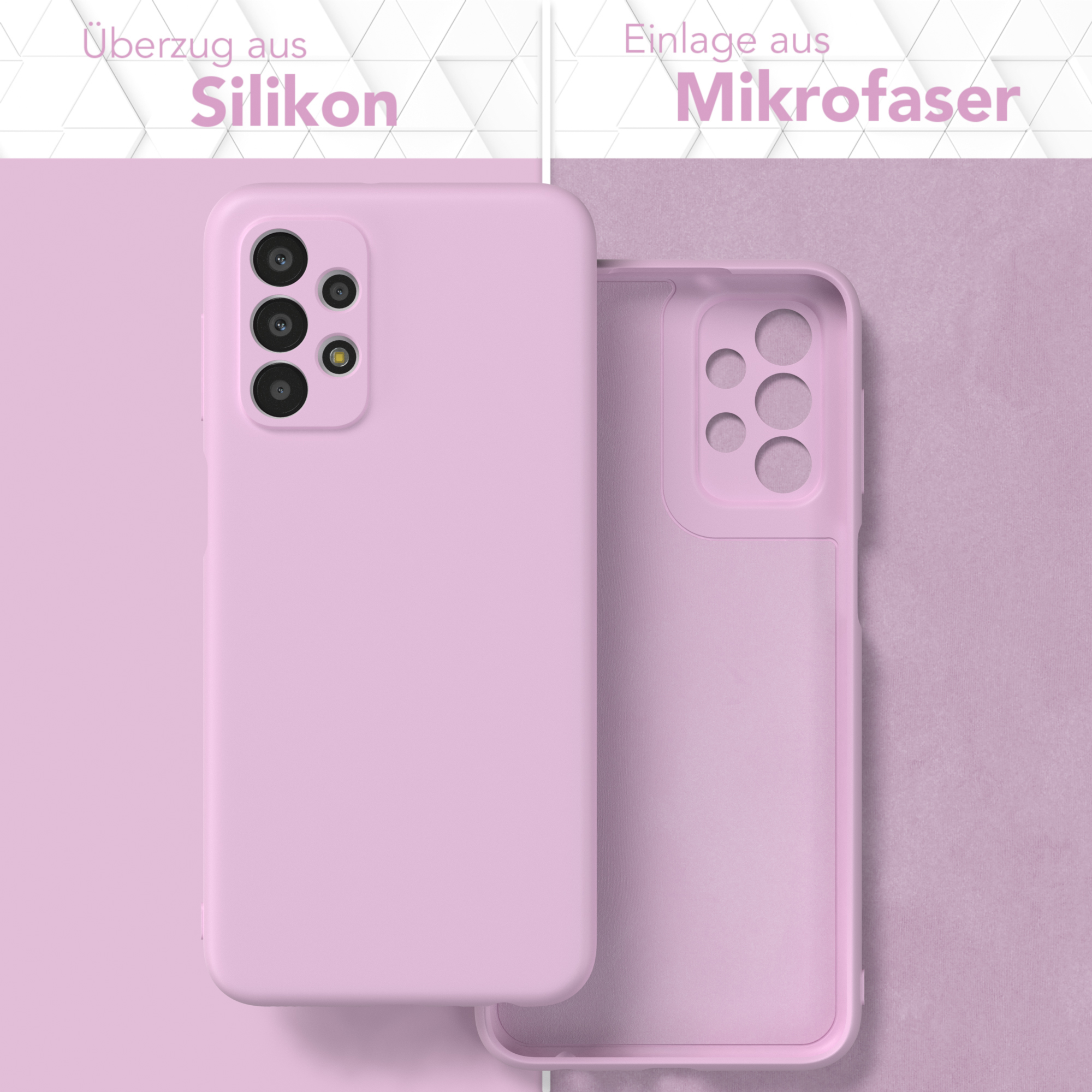 Zwei rosa Handyhüllen, eine mit dem Telefon im Inneren und die andere leer.
