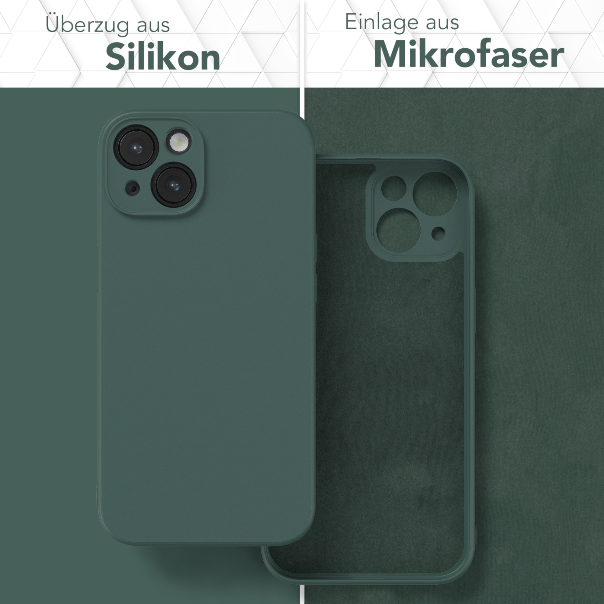 Handyhülle und Mikrofaser. Hülle ist grün. Eine Seite ist Silikon, die andere Mikrofaser.