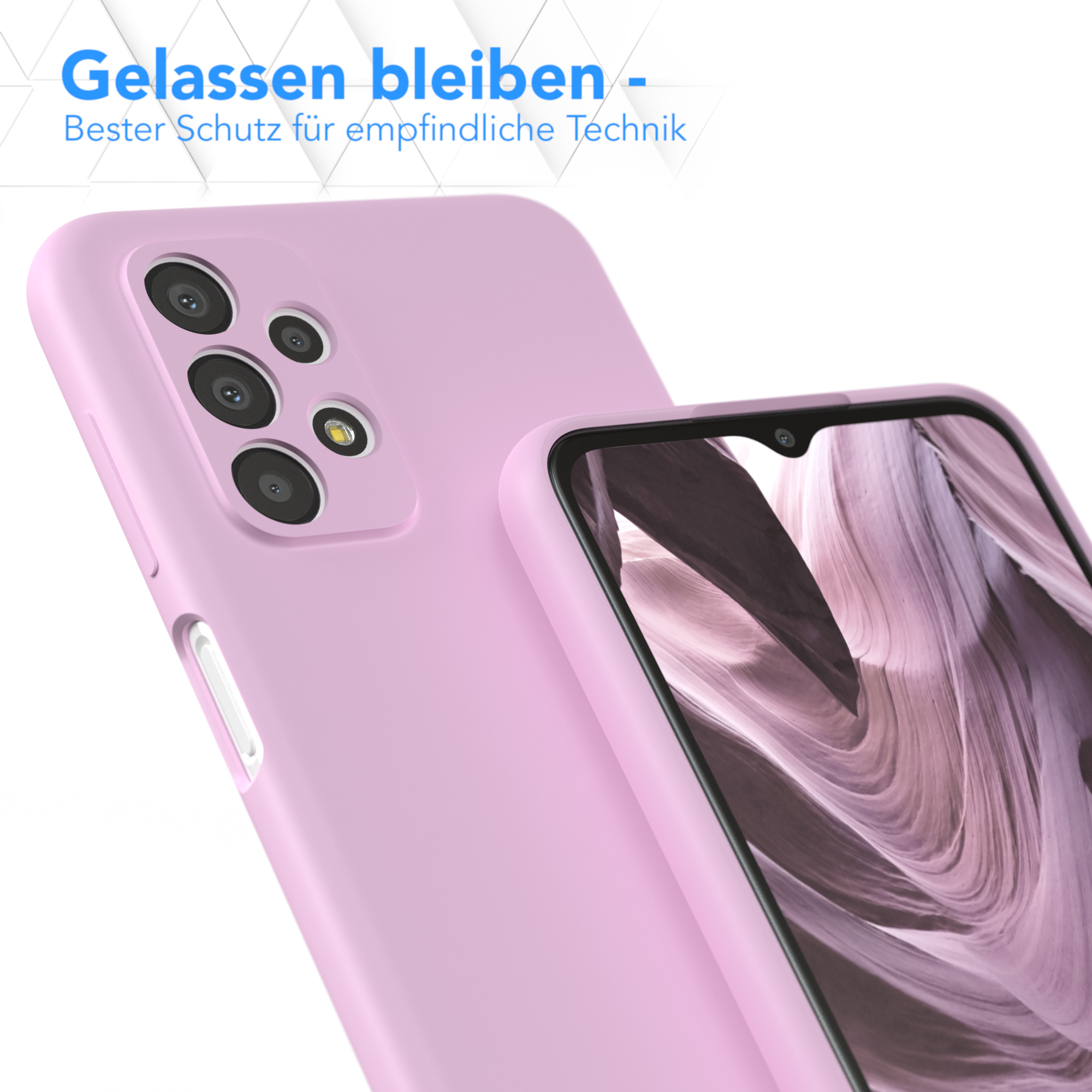 Rosa Handyhülle, angewinkelte Ansicht, zeigt das Handy. Weißer Hintergrund.