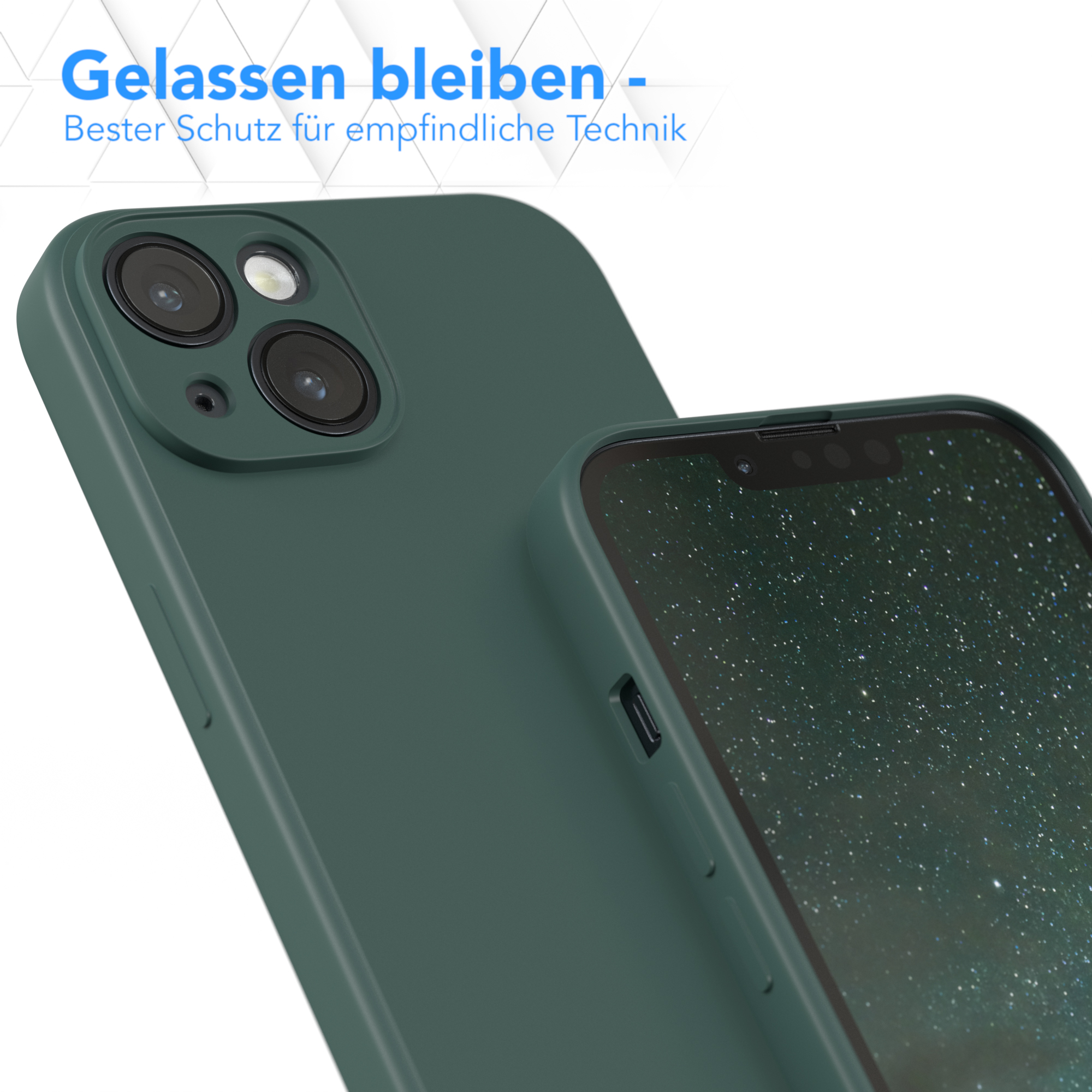 Dunkelgrüne Handyhülle mit Telefon und Displayschutz. Die Hülle bedeckt das Telefon.