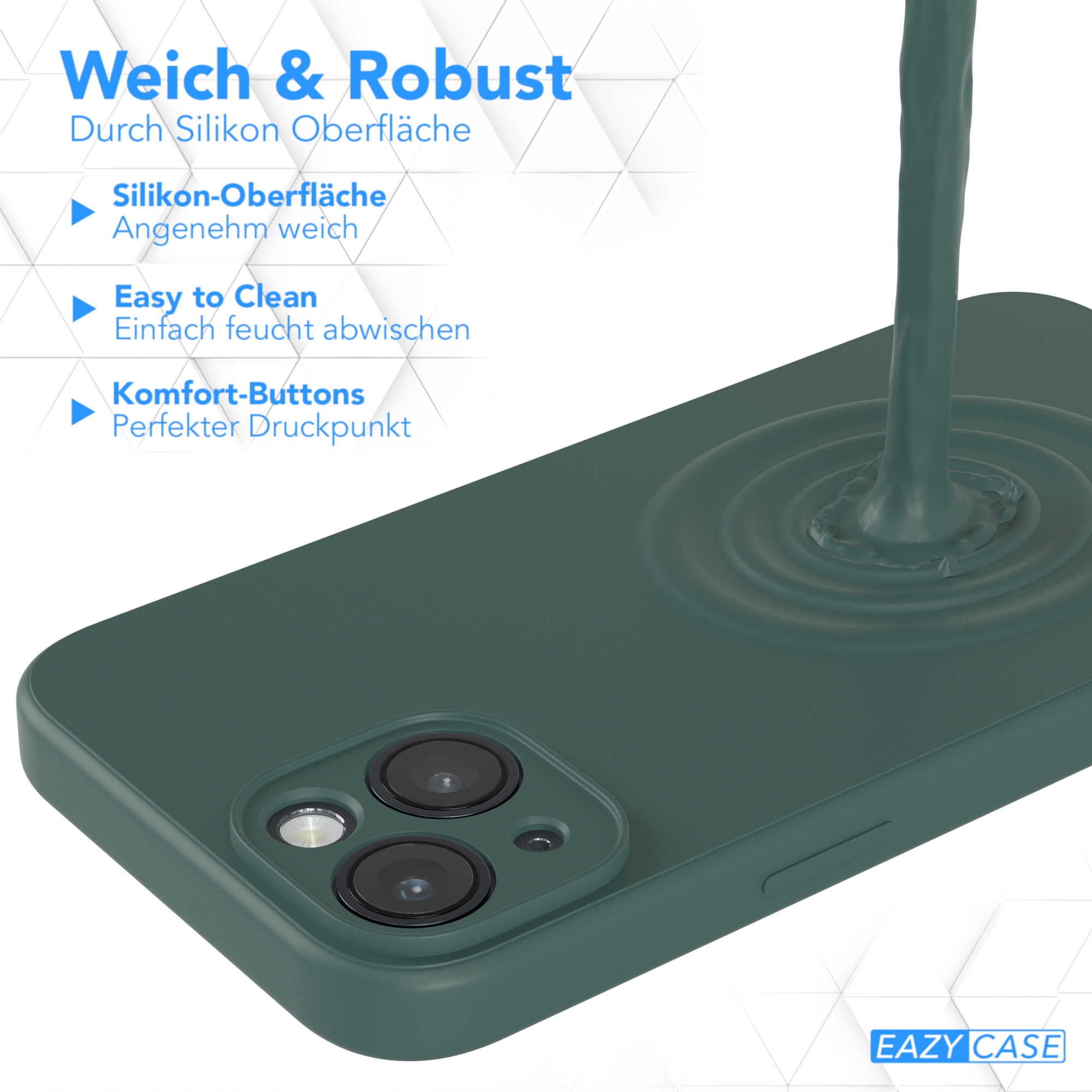 Grüne Handyhülle mit Flüssigkeit. Text: 'Weich & Robust', 'Easy to Clean', 'Komfort-Buttons'.