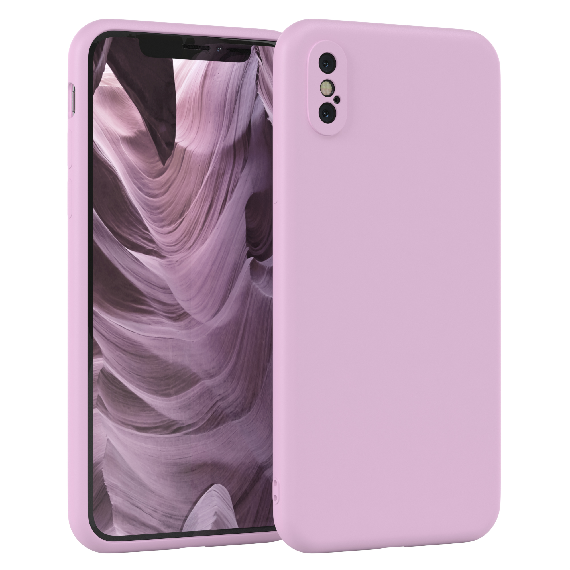 Rosa Handyhülle. Die Handyhülle befindet sich auf einem weißen Hintergrund. Das Telefon hat einen rosa Bildschirm.