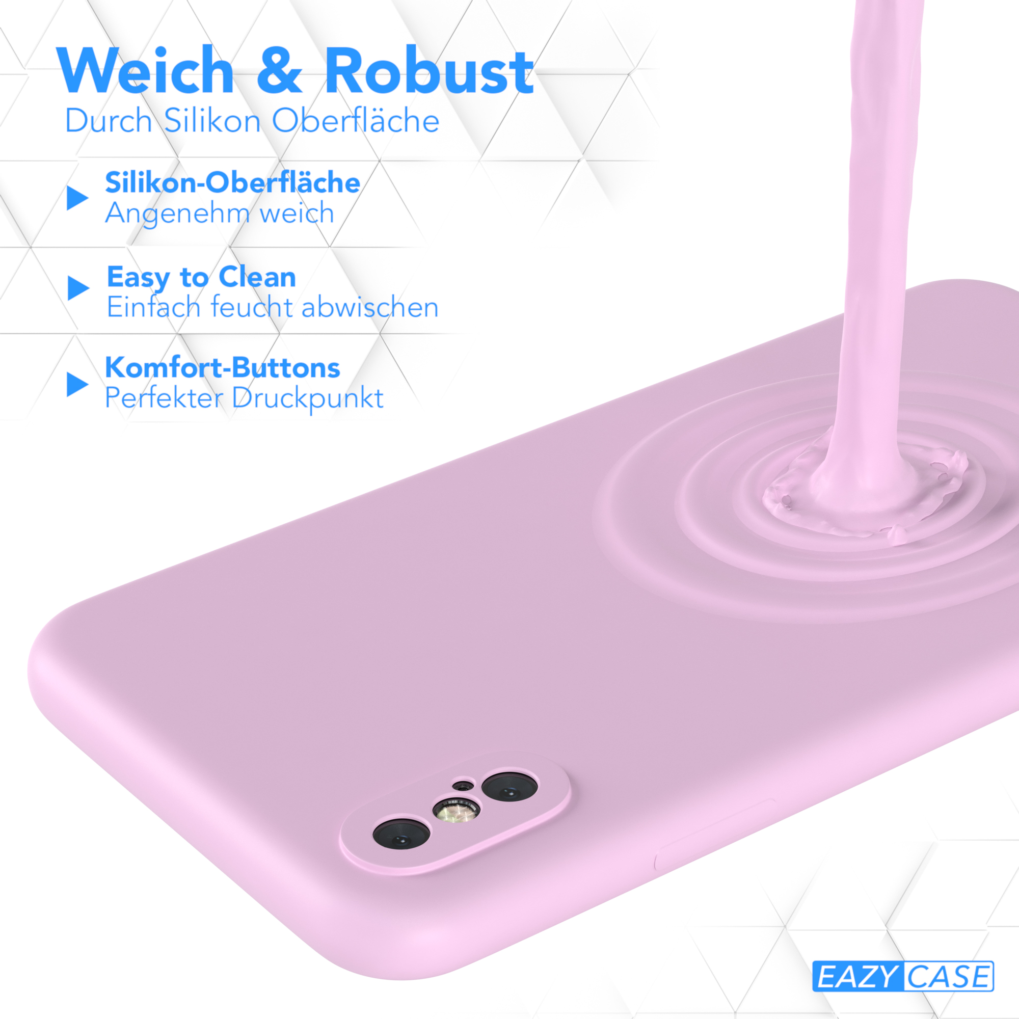 Eine rosa Handyhülle mit einer flüssigkeitsartigen Substanz, die darauf gegossen wird. Enthält Text über einfache Reinigung und Komfort.