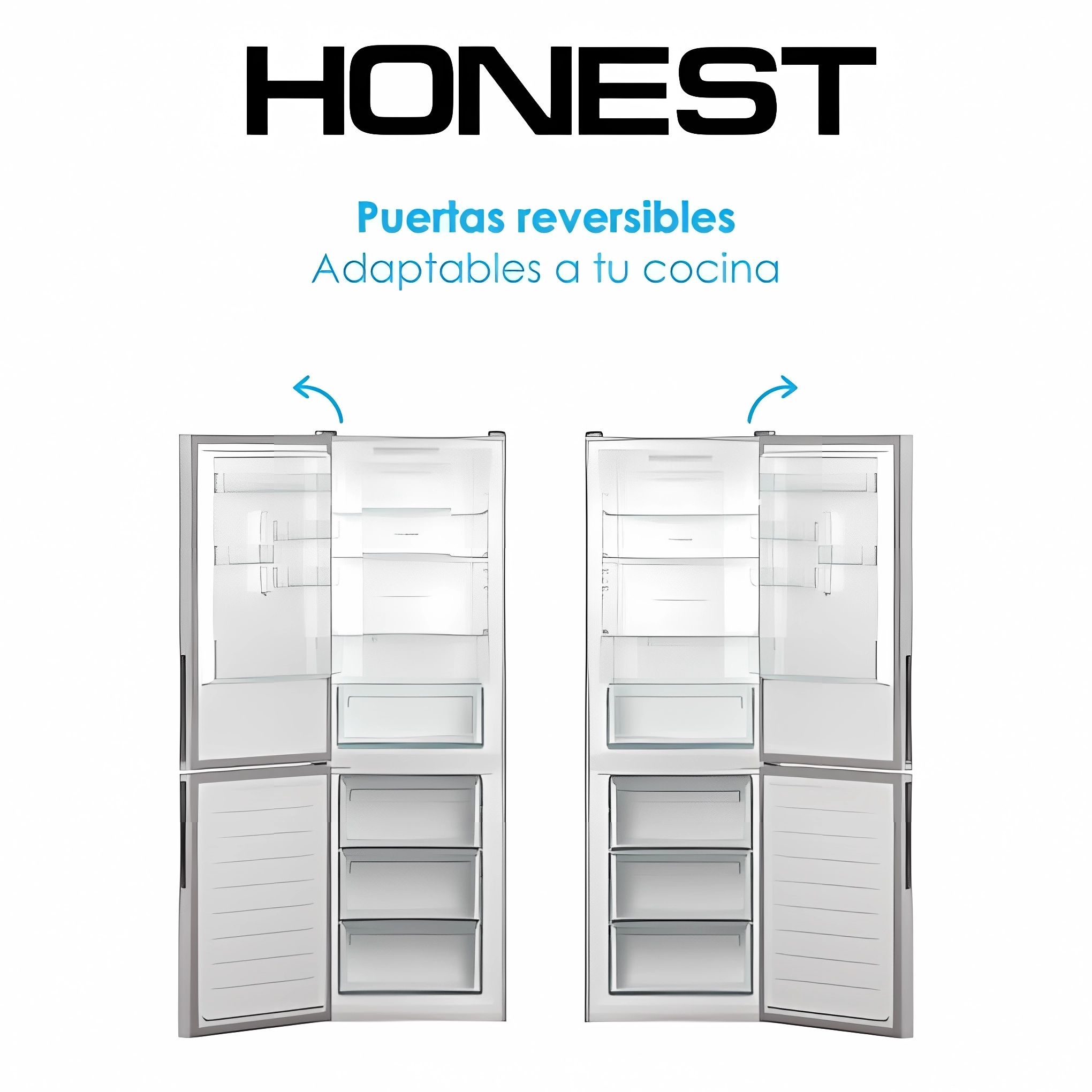 Dos refrigeradores abiertos que miran en direcciones opuestas, con 'HONEST' y texto sobre puertas reversibles.