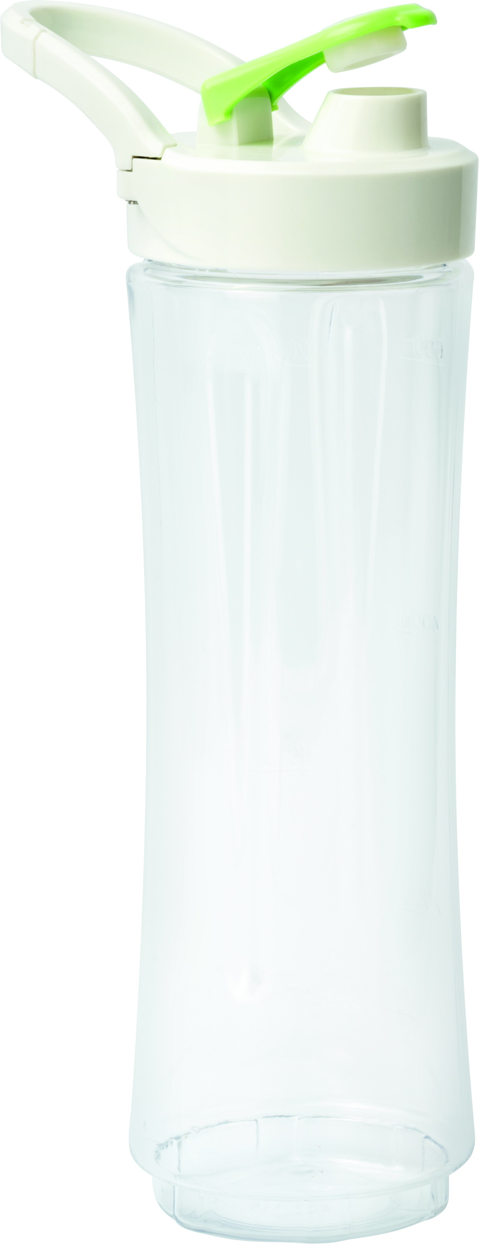 Una bottiglia d'acqua in plastica trasparente con coperchio bianco. Manico verde sopra.