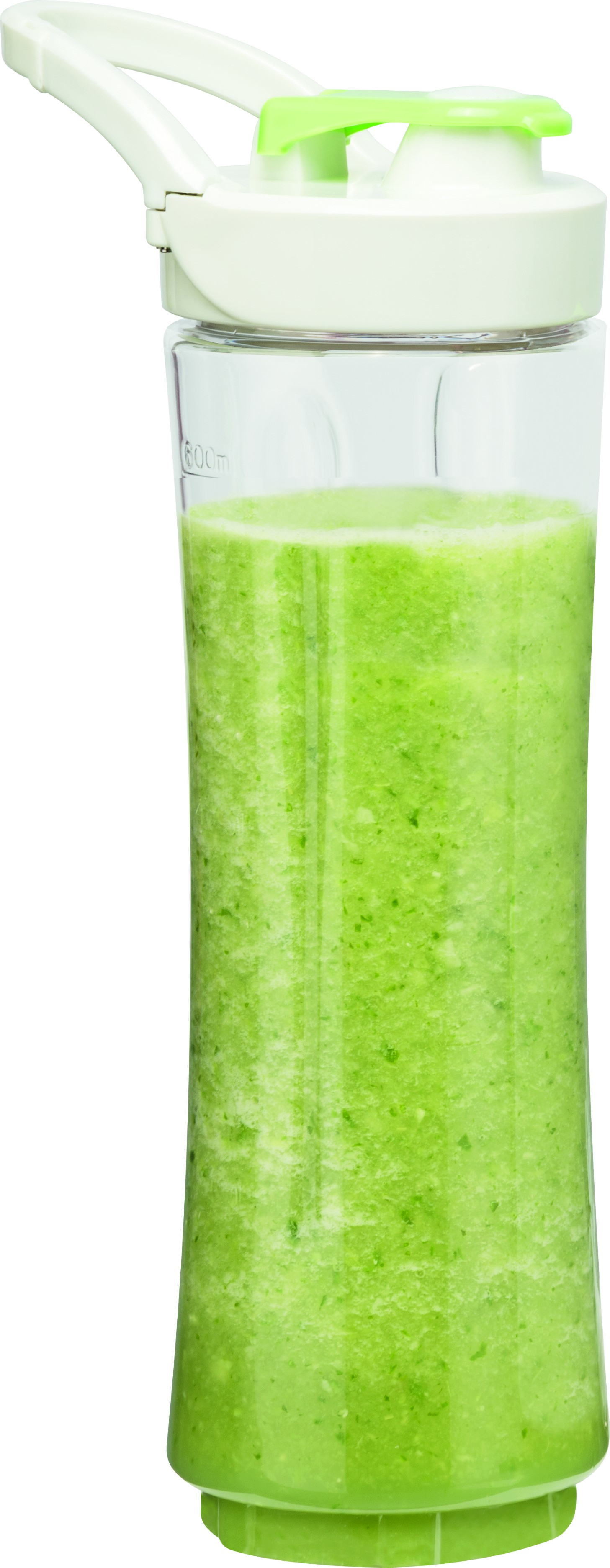 Una bottiglia trasparente per frullatore con frullato verde e coperchio bianco e verde.
