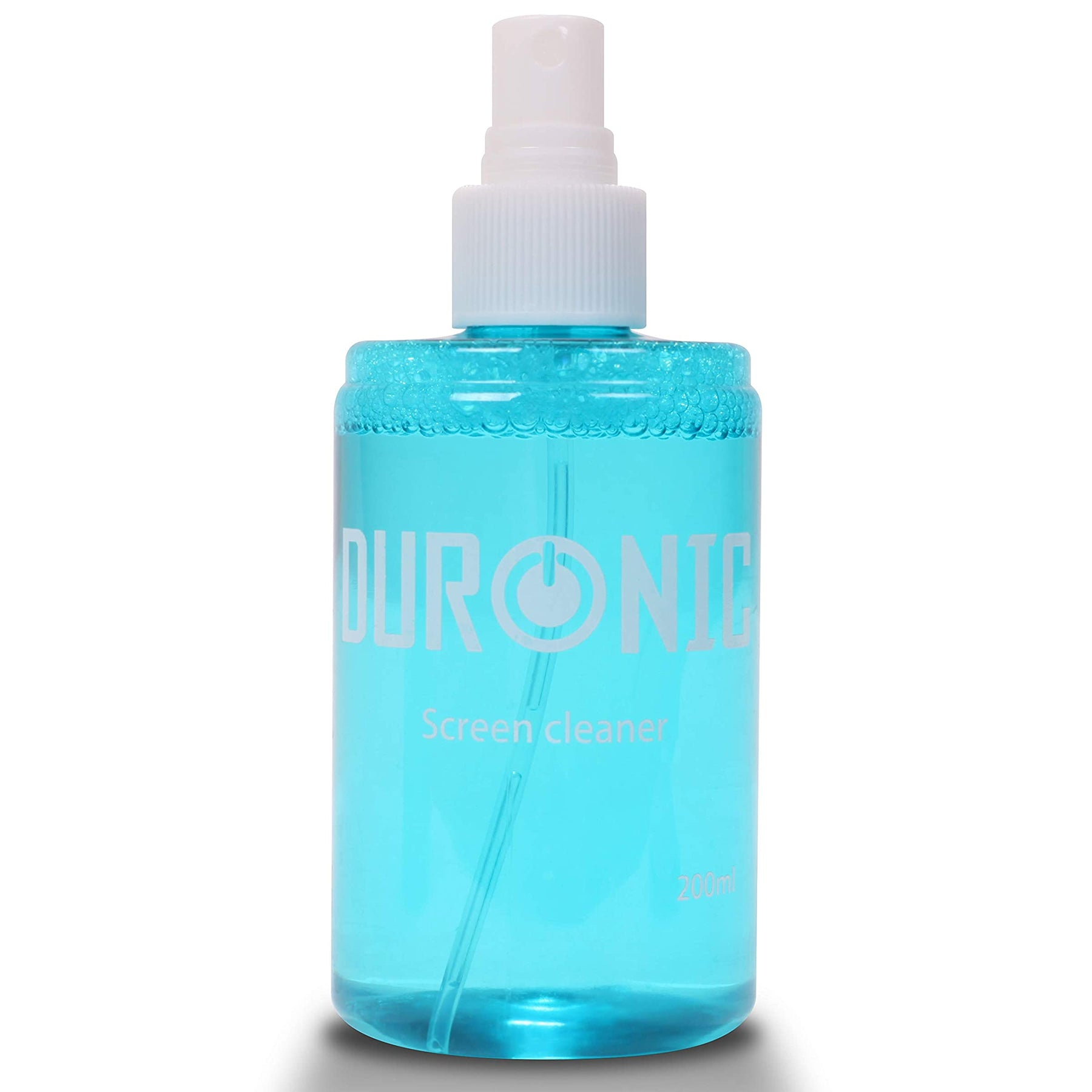 Blaue Bildschirmreiniger-Sprühflasche. Text: DURONIC Screen cleaner, 200ml.