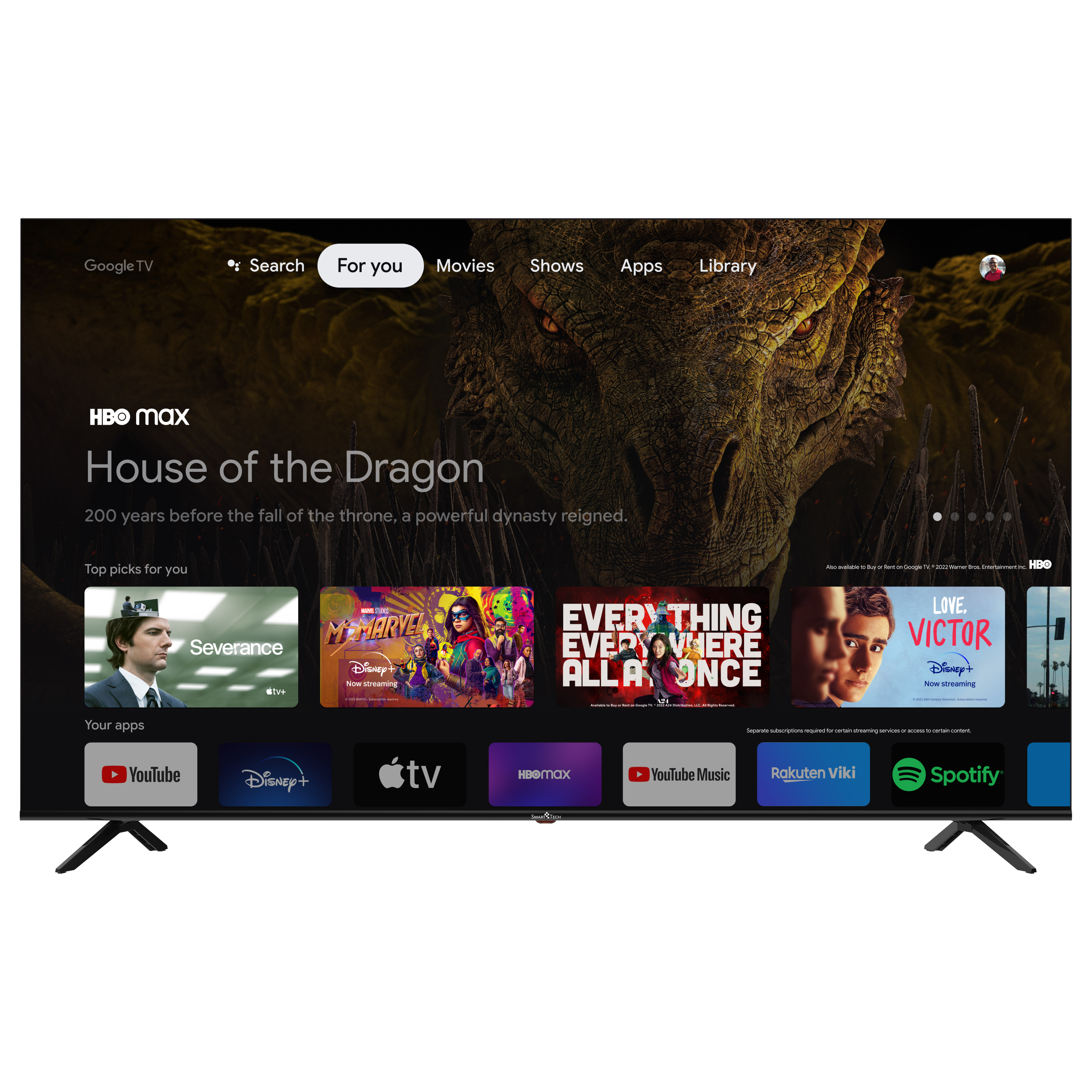 Schermo TV che mostra l'interfaccia HBO Max con la serie 'House of the Dragon'.