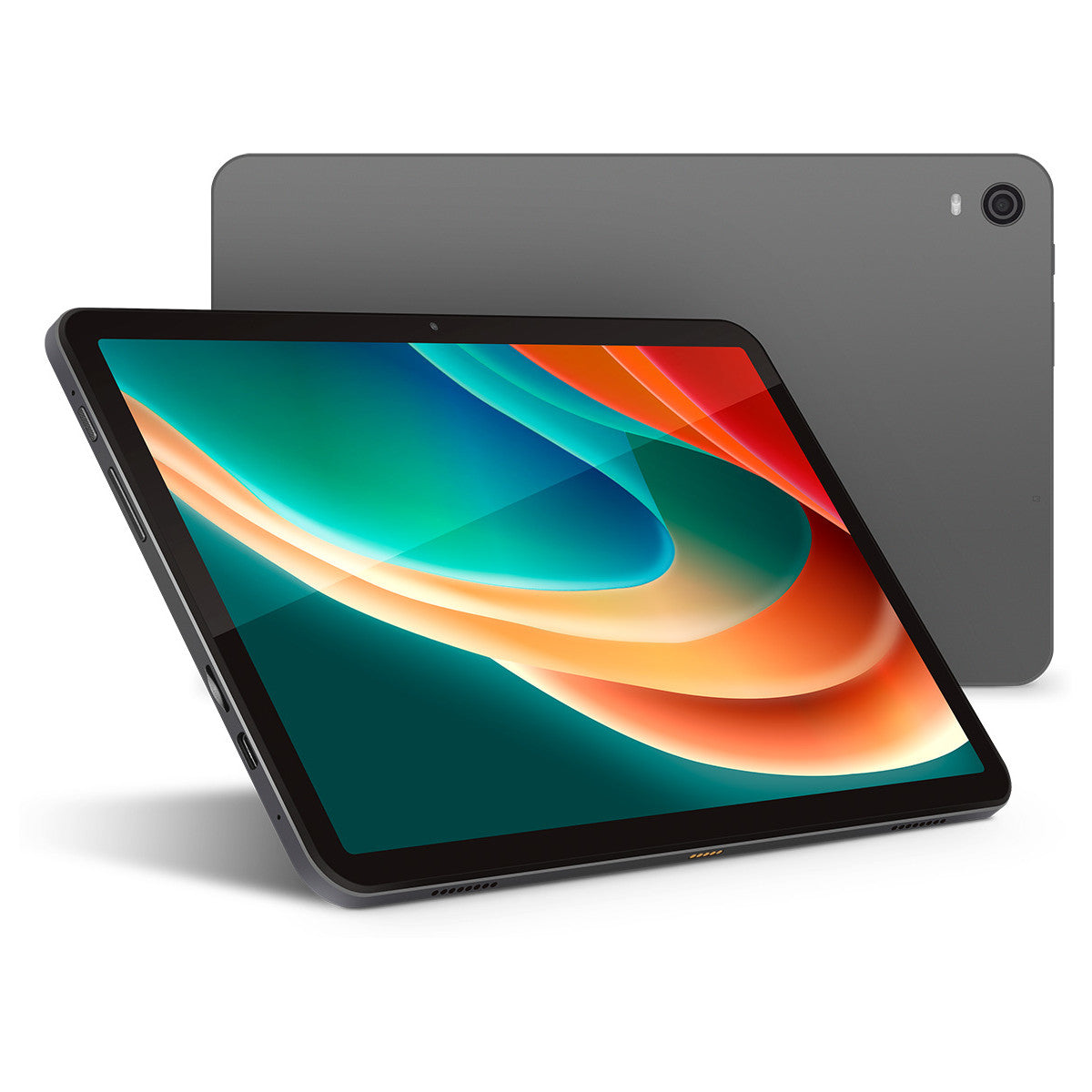 Tablet con schermo colorato, su una superficie bianca, con sfondo scuro.