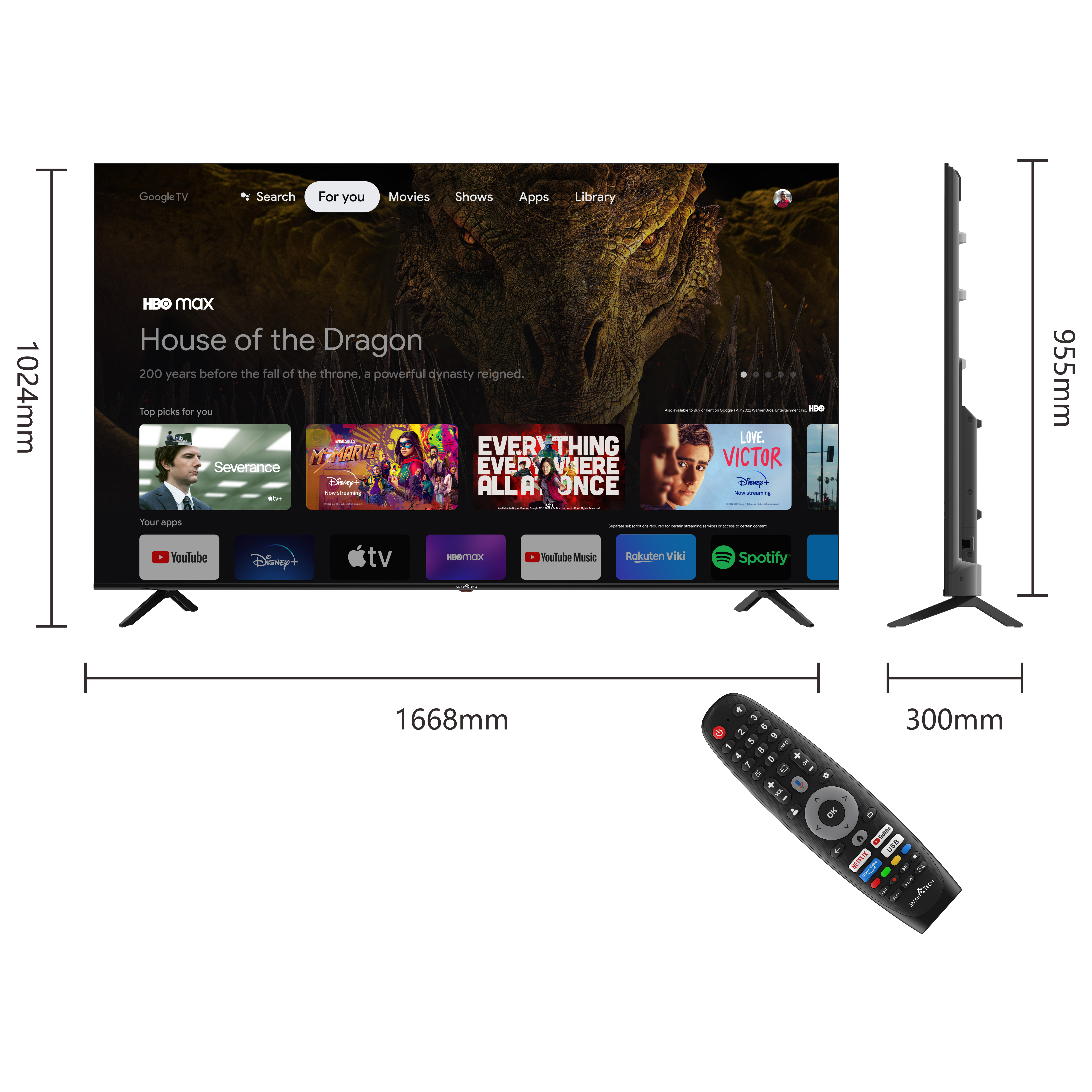Un grande schermo TV con un supporto e un telecomando. Lo schermo mostra app di streaming.